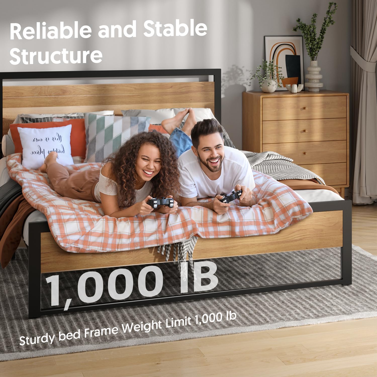 BONSOIR King Size Bed Frame - Sturdy Steel Platform with Wooden Headboard & Footboard, Heavy Duty Support for Master Bedroom - Perfect for Home, Apartment, and Guest Room Use