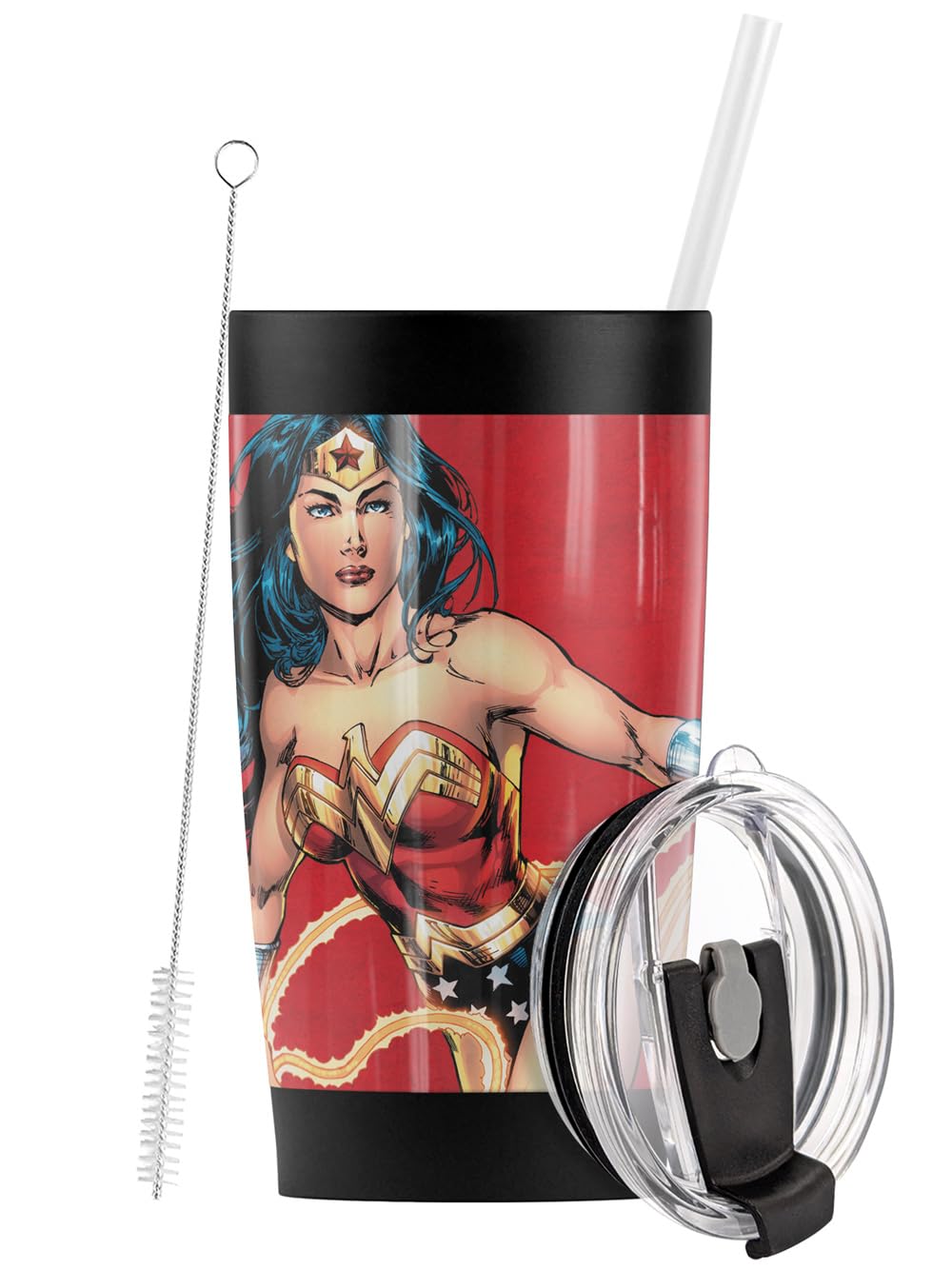 Wonder Woman Stainless Steel Tumbler 20oz - Vacuum Insulated Travel Mug with Straw & Flip Lid | Double Wall Leakproof Cup for Hot & Cold Drinks | Perfect for Office, Gym, Camping & Car Commutes