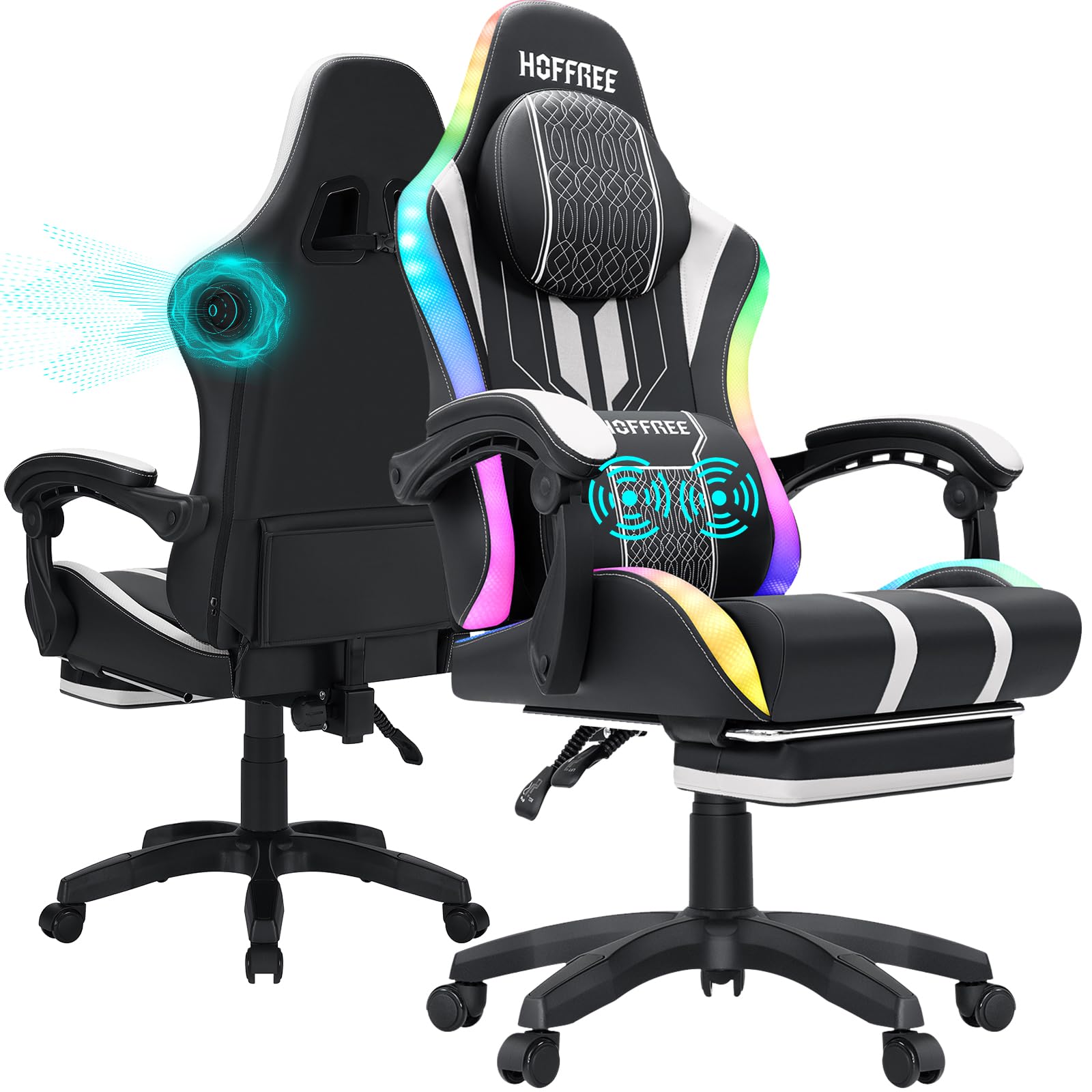 HOFFREE LED Gaming Chair with Massage & Bluetooth Speakers - Big and Tall 400lbs Capacity Reclining Office Chair with Footrest - Ergonomic High Back Computer Desk Chair (White & Black) - Perfect for Gaming, Streaming, and Home Office Work