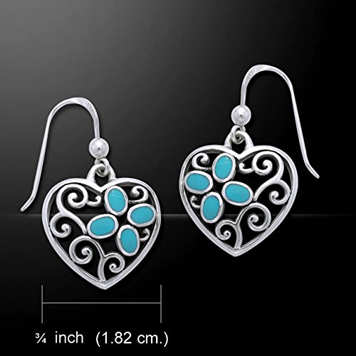 Filigree Heart Created Turquoise Sterling Silver Dangle Earrings for Women | Handmade Bohemian Jewelry | Perfect for Weddings, Date Nights & Special Occasions