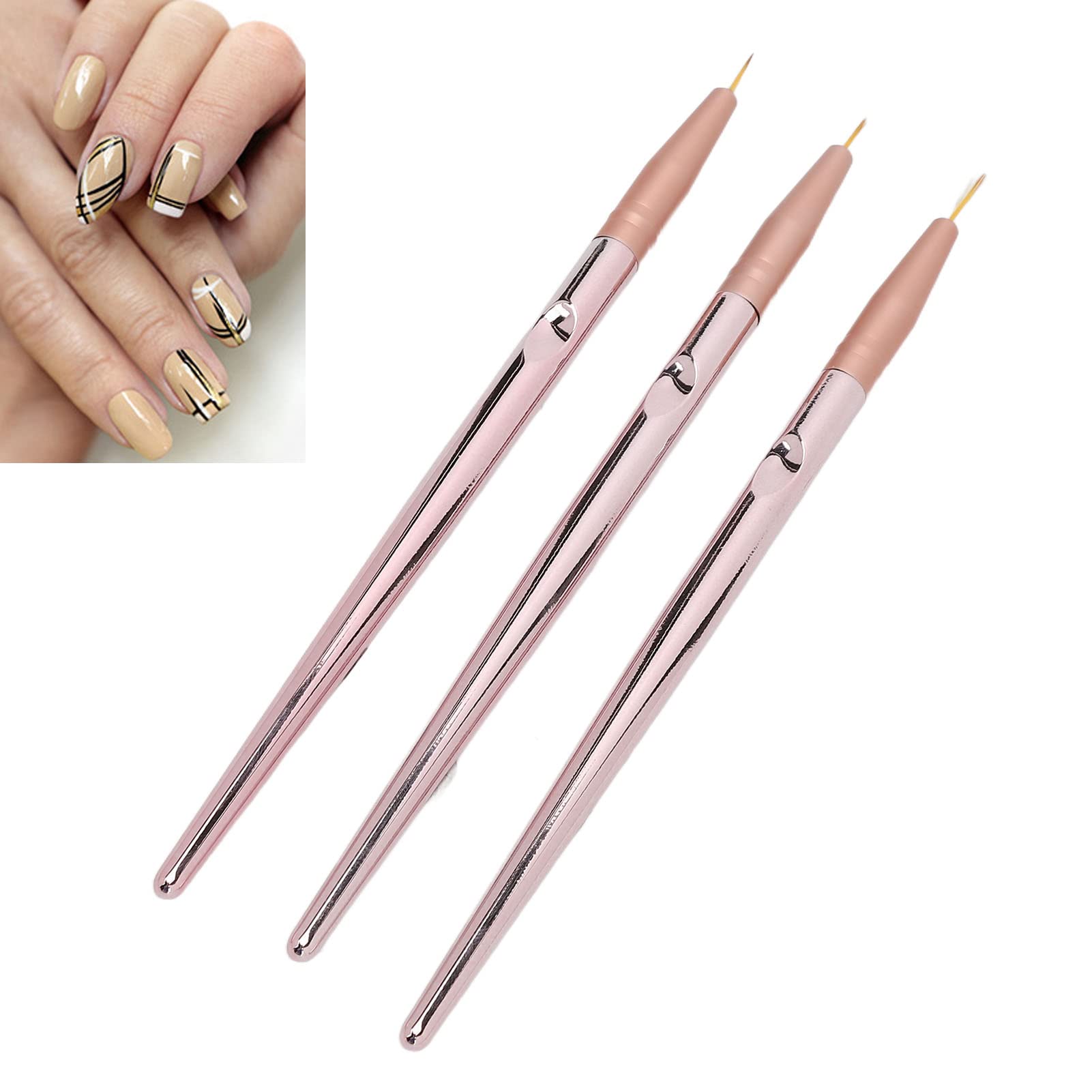 Professional Nail Art Liner Brushes Set - 3PCS Rose Gold Metal Barrel Nylon Bristle Detail Brushes with Lid for Precise Nail Painting & Drawing | Perfect for Home Salon, DIY Manicure & Nail Art Design