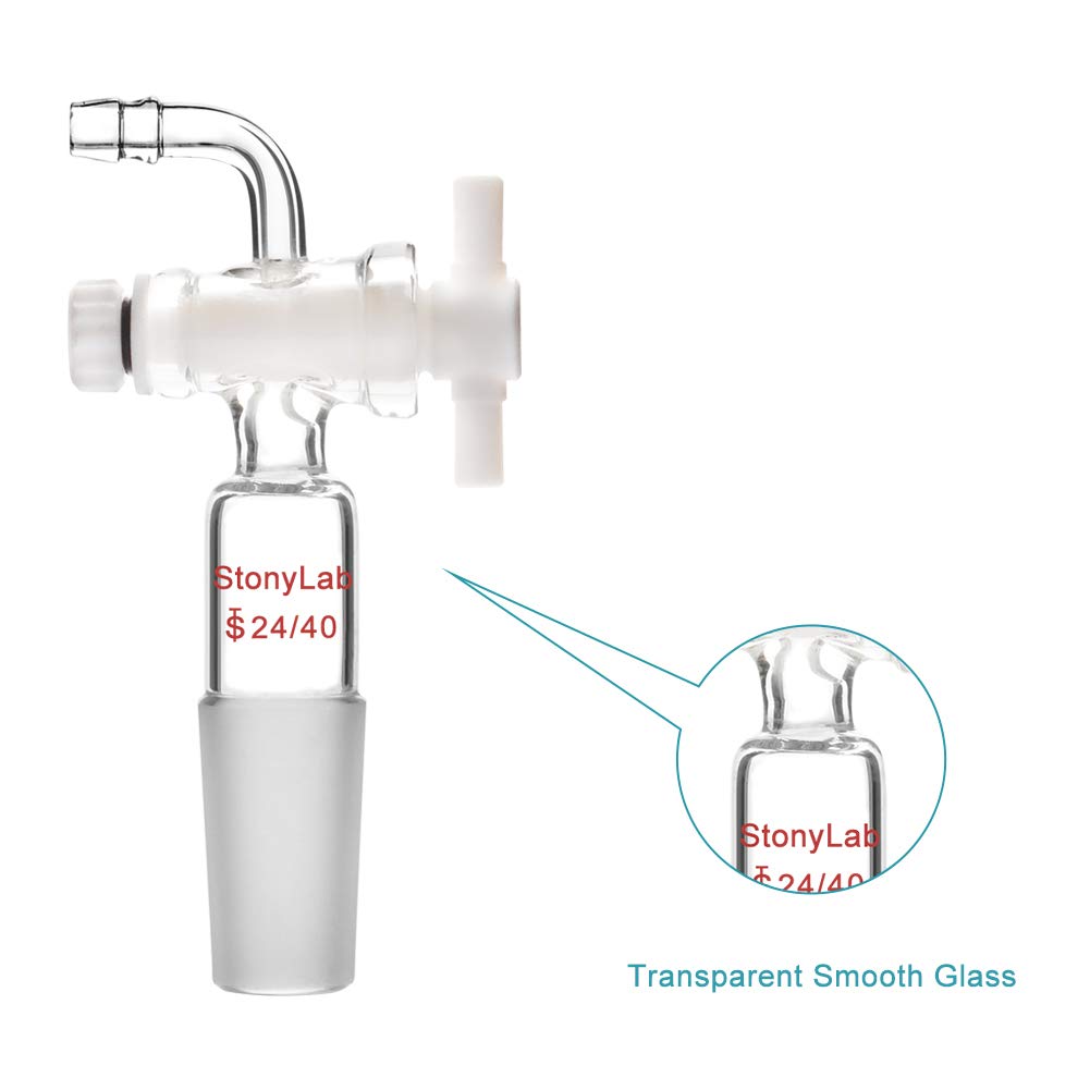 StonyLab PTFE Stopcock Vacuum Flow Control Adapter with 24/40 Joint & Bent Hose Connector - Perfect for Laboratory Vacuum Systems, Distillation Setups & Chemical Experiments