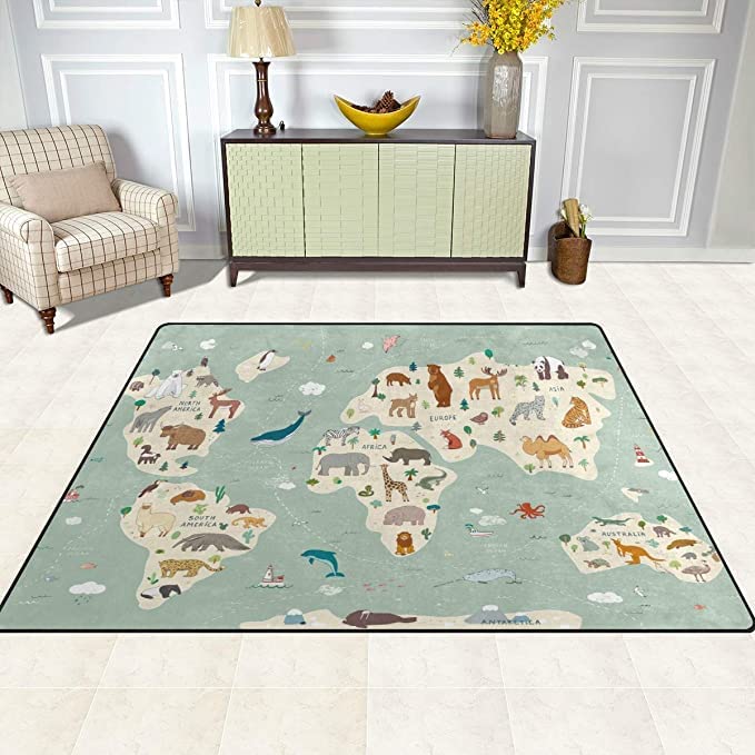 Vantaso Soft Foam Nursery Rug - World Map with Animals Design, Non-Slip Play Mat for Kids (72