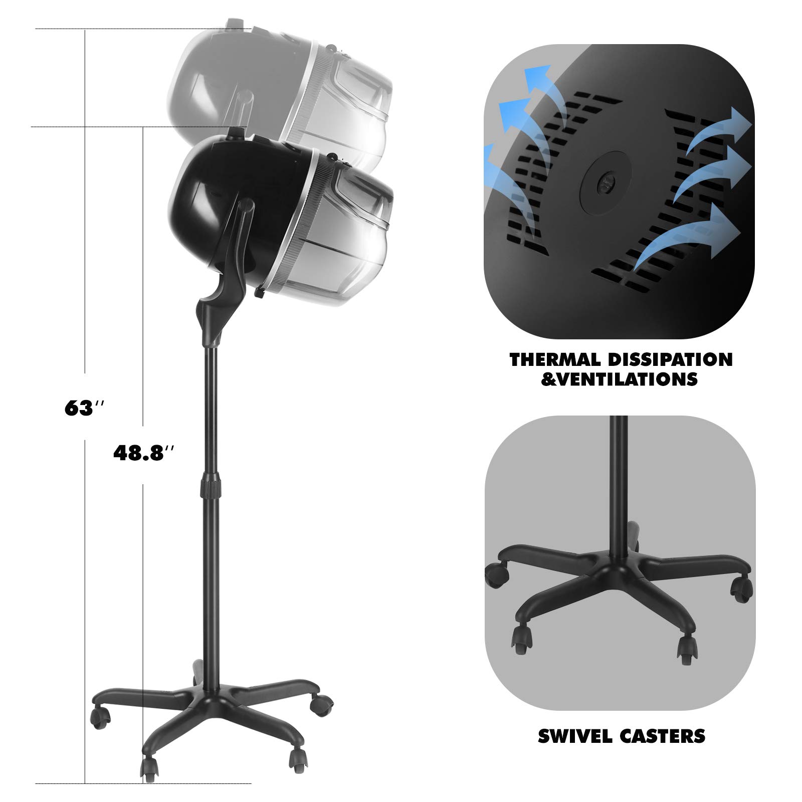 Professional Adjustable Salon Hood Hair Dryer with Rolling Base & Wheels - Artist Hand Bonnet Hair Dryer for Home & Salon Use - Perfect for Styling, Drying & Setting Hair
