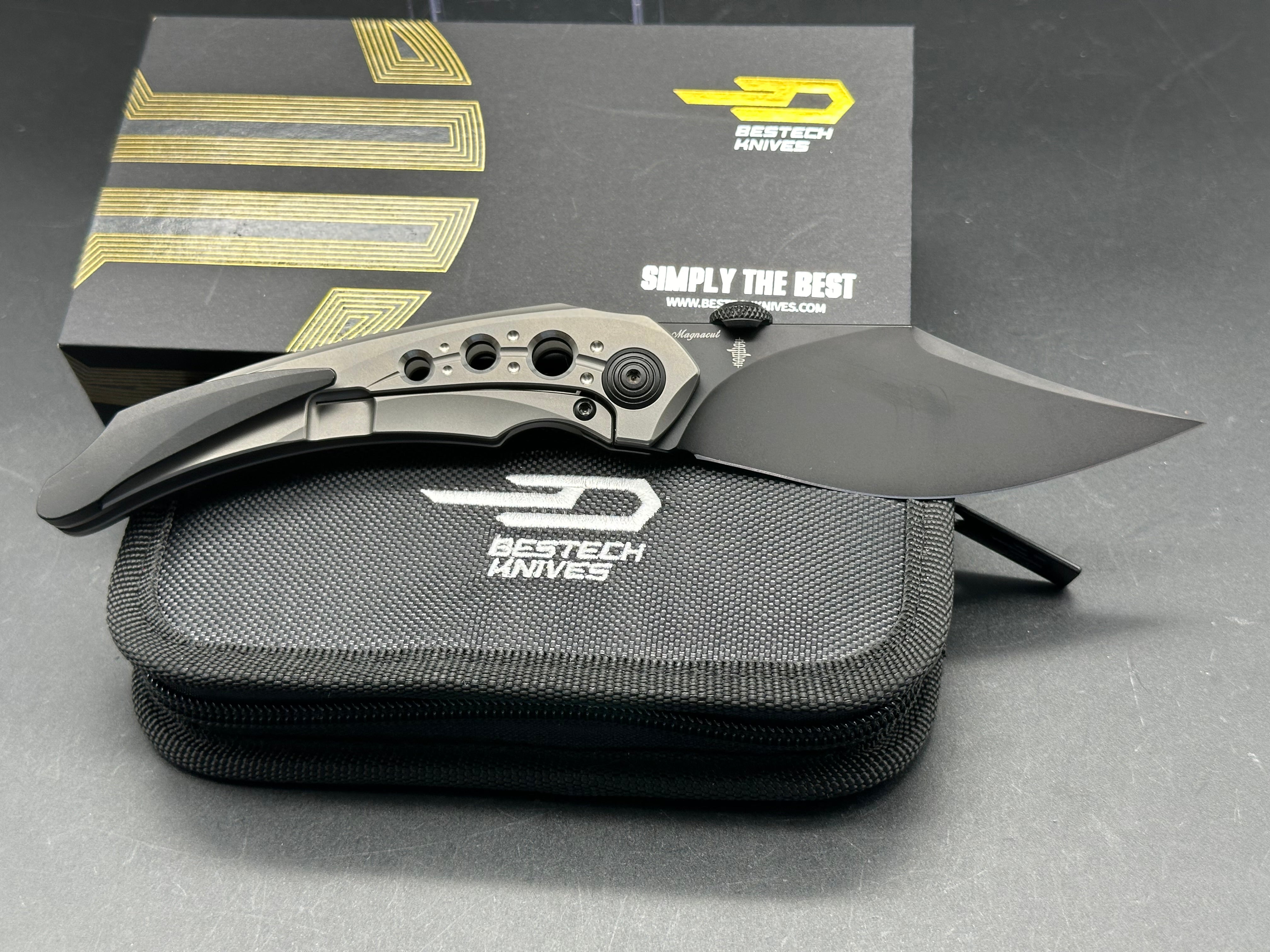 Bestech Kombou Folding Knife - Razon/Grey Slotted Titanium Handle, Upswept Blackwash Magnacut Blade - EDC, Outdoor Camping & Survival Tool