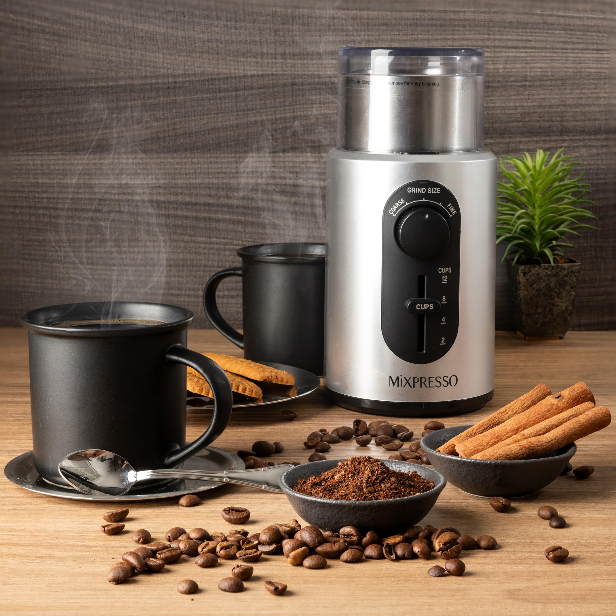 Mixpresso Electric Coffee Grinder - 12 Cup Capacity with 304 Stainless Steel Blade for Espresso Beans, Removable Chamber - Bundle with 9 Cup Stovetop Espresso Maker & Moka Pot - Perfect for Home, Office & Camping Coffee Brewing