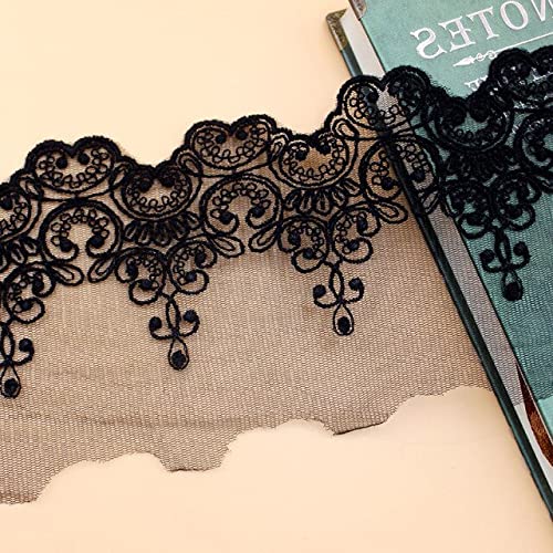 1 Yard White & Black Cotton Embroidered Lace Fabric Trim - 9.5cm Width for DIY Dressmaking, Sewing Supplies, Ribbon Trim, Garment Decor, Curtain Accessories | Perfect for Wedding Dresses, Home Decor, and Craft Projects