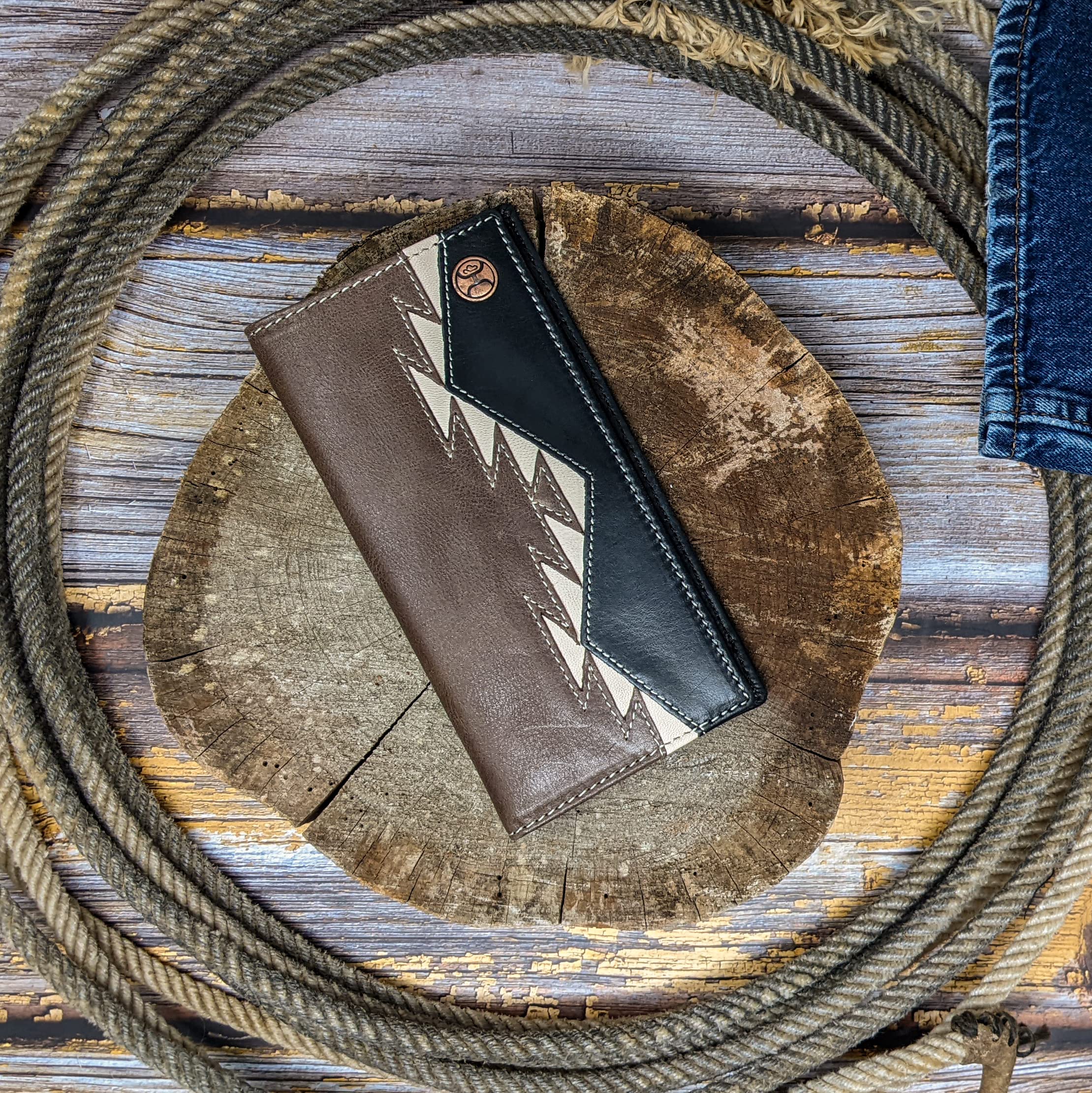 HOOEY Genuine Leather Men's Western Rodeo Wallet with Aztec Inlay - Ivory, Brown & Black | Stylish Cowboy Bifold Wallet for Everyday Use & Rodeo Events