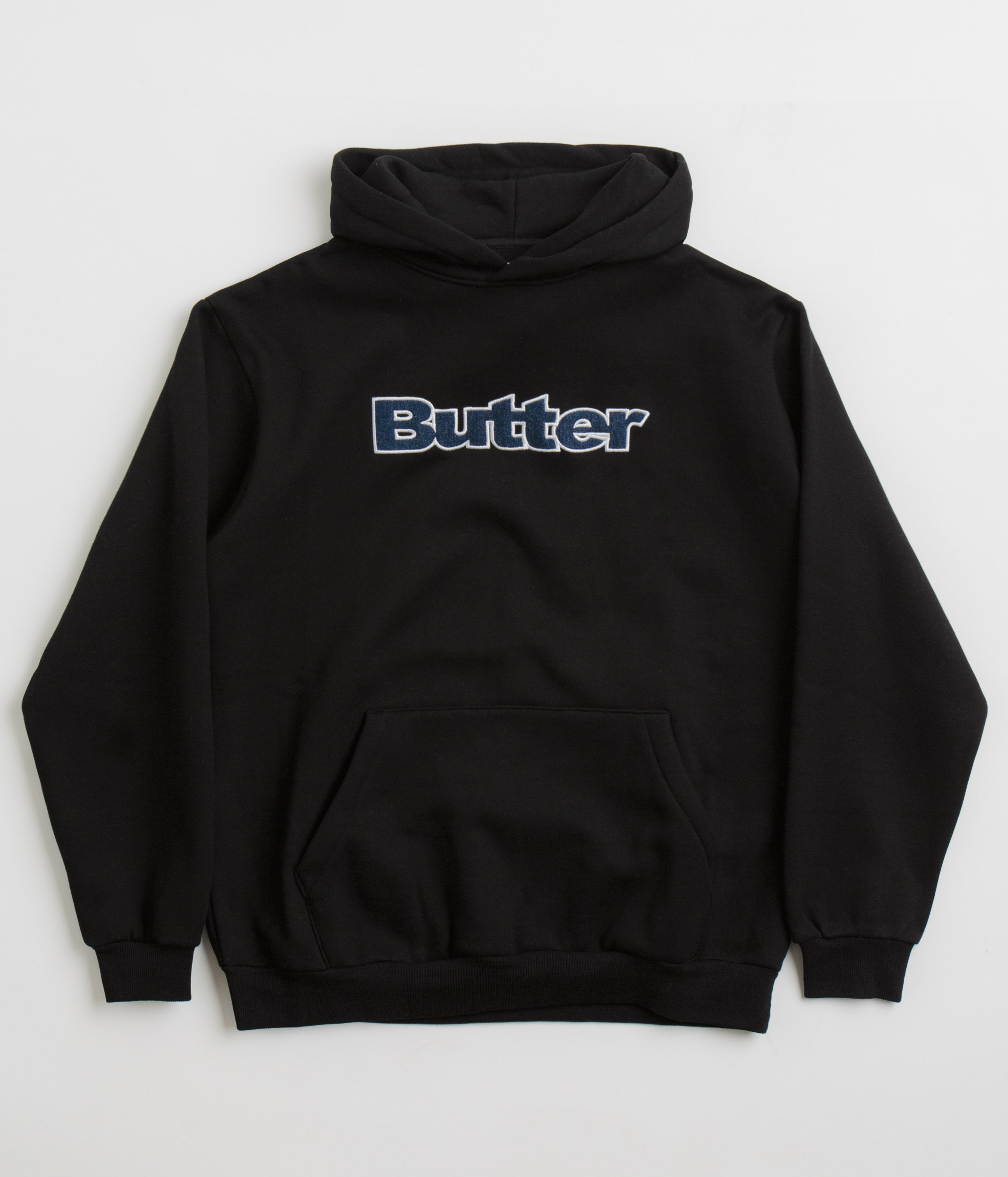 Butter Goods Logo Denim Applique Hoodie - Black | Streetwear Fashion Hooded Sweatshirt for Men & Women | Perfect for Casual Outfits, Urban Style & Everyday Wear