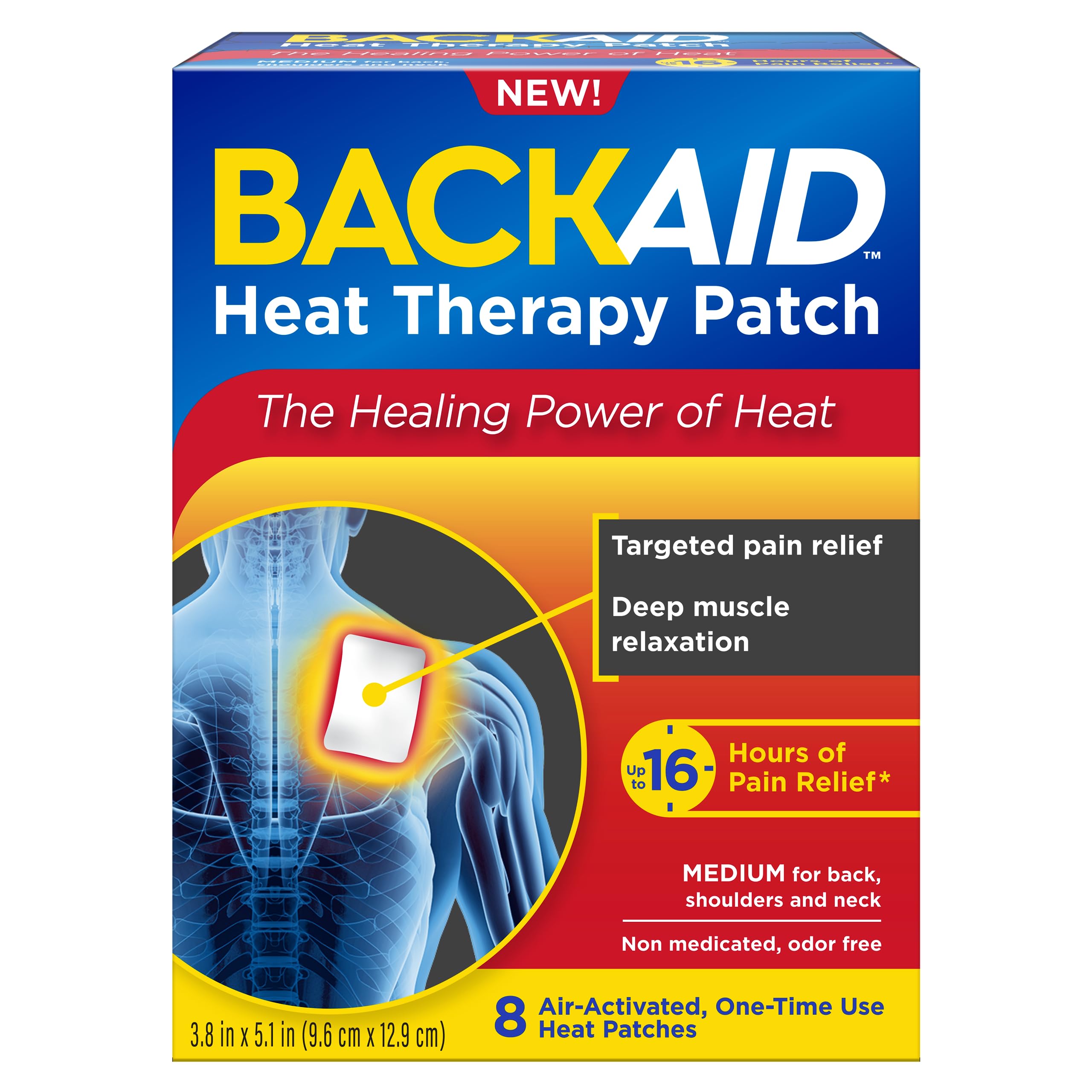 Backaid Heat Therapy Patch - Air-Activated Therapeutic Heating Pads for Back, Shoulder & Neck Pain Relief - Medium Size (8 Count) - Perfect for Work, Travel & Home Use
