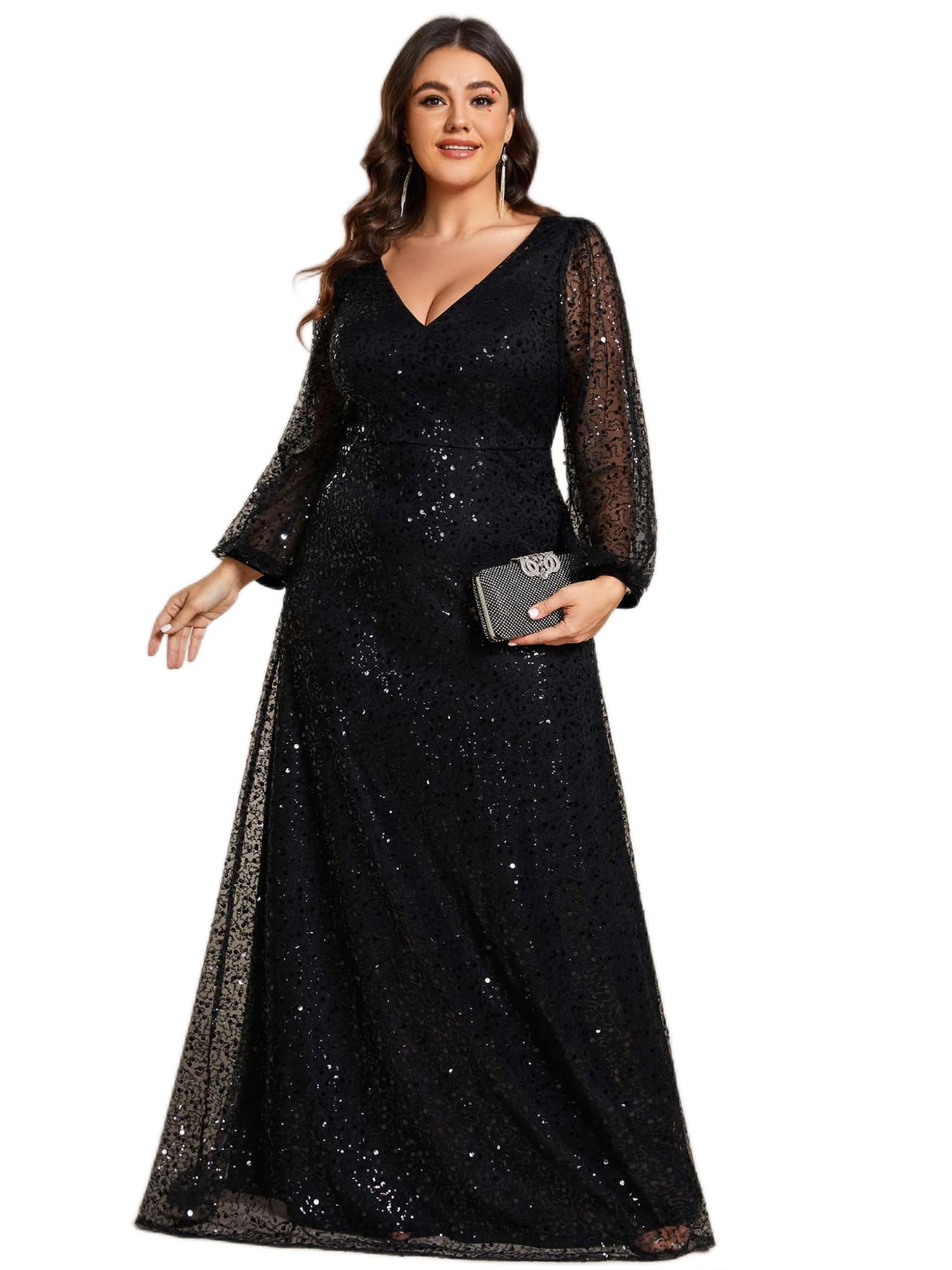 Ever-Pretty Women's Plus Size Sequin Formal Dress A-Line V-Neck Long Sleeve Sheer Evening Gown 01999-DA | Perfect for Prom, Wedding Guest, Cocktail Party & Special Occasions