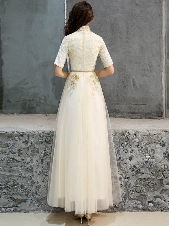 Elegant Embroidered Belt Tulle Qipao Cheongsam Evening Dress for Bridesmaids - Perfect for Weddings, Parties & Special Occasions