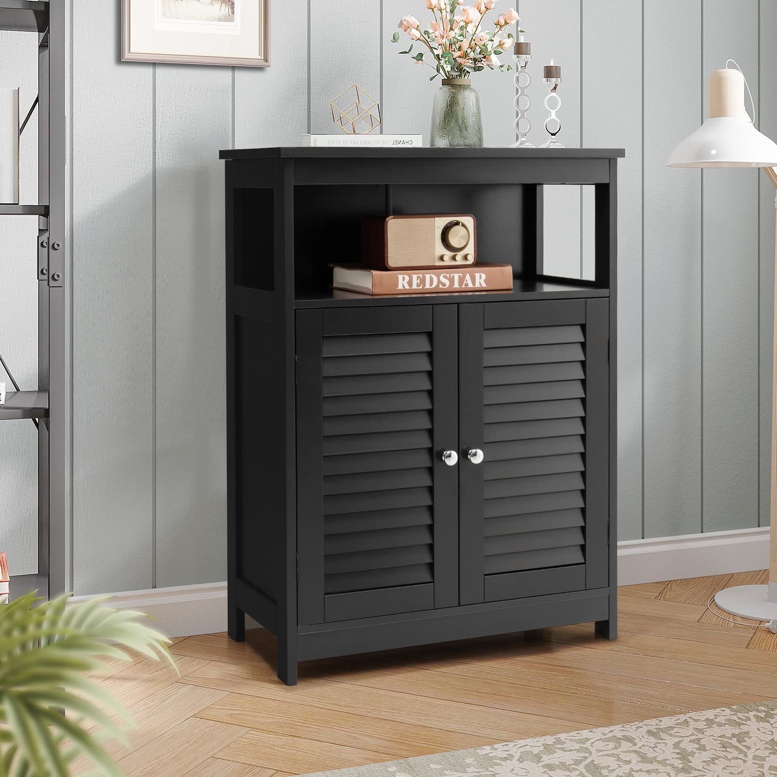 GLACER Wooden Bathroom Storage Cabinet with Double Shutter Doors - 3-Position Adjustable Shelf & Side Organizer - 23.5 x 12 x 31.5 Inches (Black) - Perfect for Bathroom, Laundry Room & Closet Organization