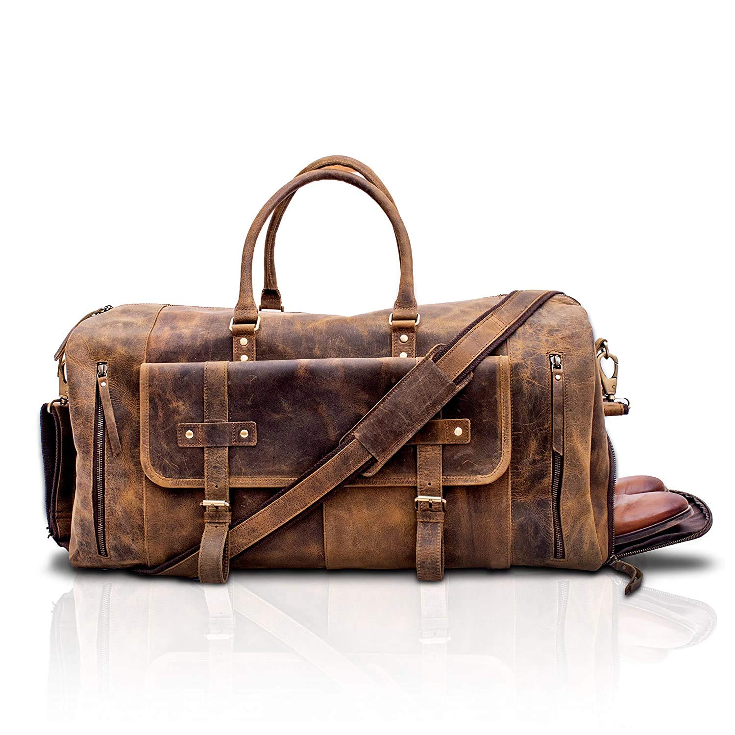 Premium 24 Inch Full Grain Leather Duffel Bag for Men & Women - Travel, Gym, Overnight & Weekend Carry-On with Shoe Pocket (Brown Tan) - Perfect for Business Trips, Workouts & Adventure Travel