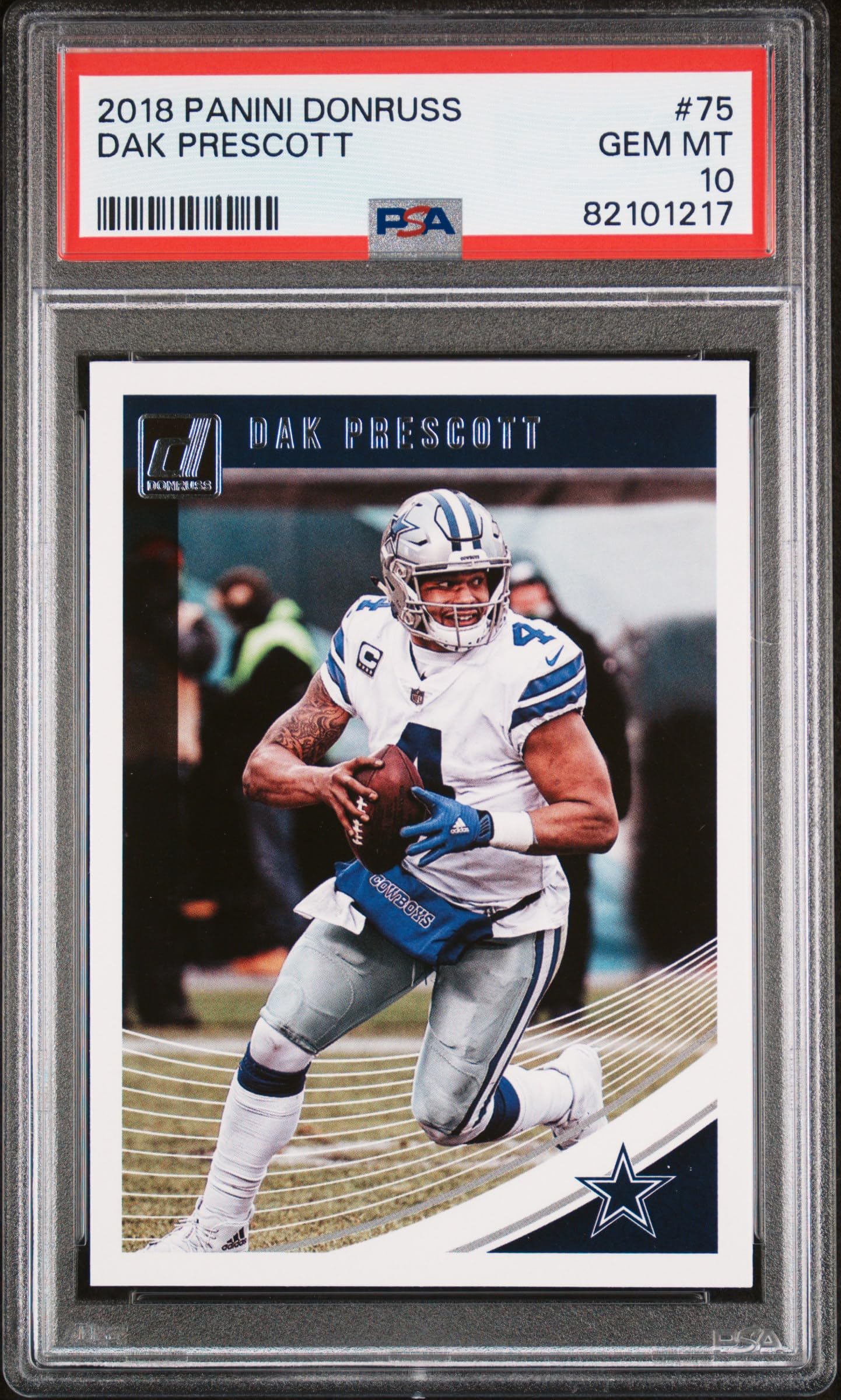 **Dak Prescott 2018 Panini Donruss Football Card #75 PSA 10 Graded – Perfect for NFL Collectors & Dallas Cowboys Fans**    **使用场景:** Ideal for sports memorabilia collectors, football card enthusiasts, and fans of Dak Prescott or the Dallas Cowboys. Great for display, investment, or gifting.