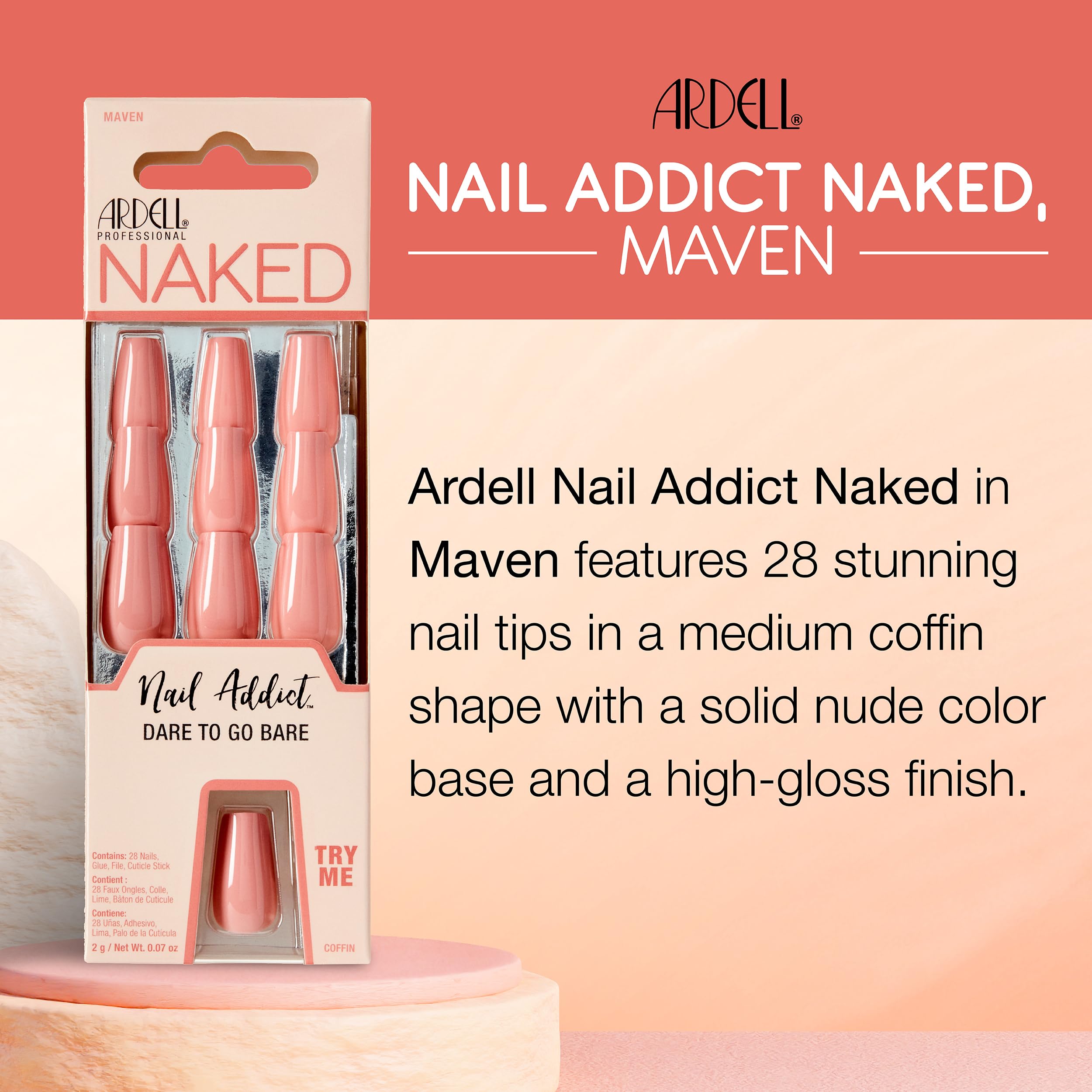 Ardell Nail Addict Naked Maven Press On Nails - Medium Coffin Shape Fake Nails Kit (24 Count) for Women - Easy DIY Salon-Quality Manicure at Home, Perfect for Parties, Weddings & Special Occasions