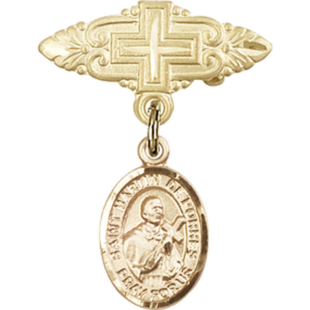 Gold Filled Baby Badge with St. Martin de Porres Charm - Religious Cross Pin 1