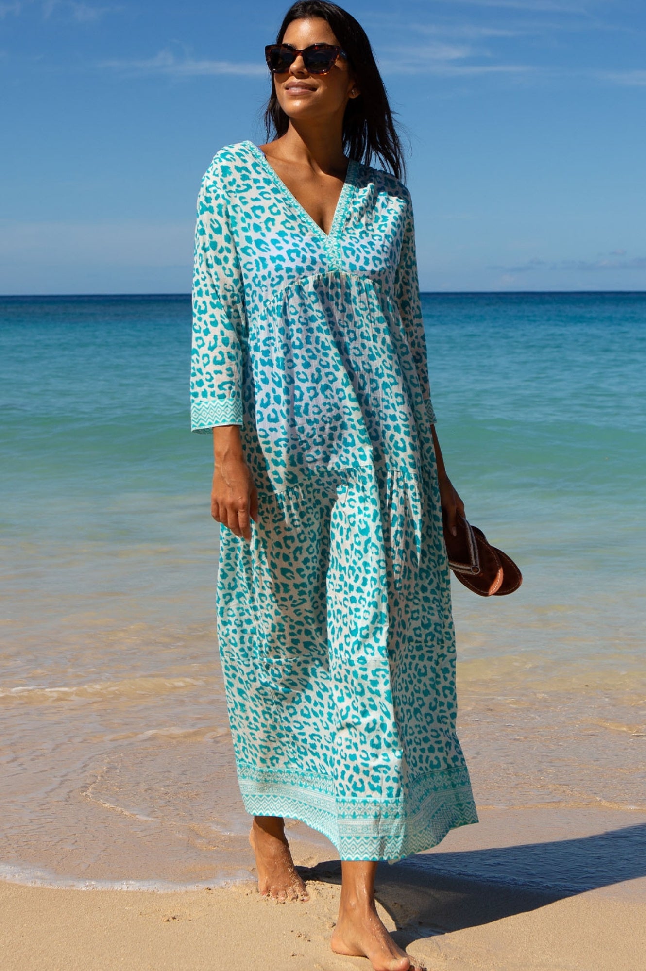 Mykonos Maxi Dress - Soft Cheetah Print in White & Turquoise | Perfect for Beach Vacations, Summer Parties & Boho Fashion
