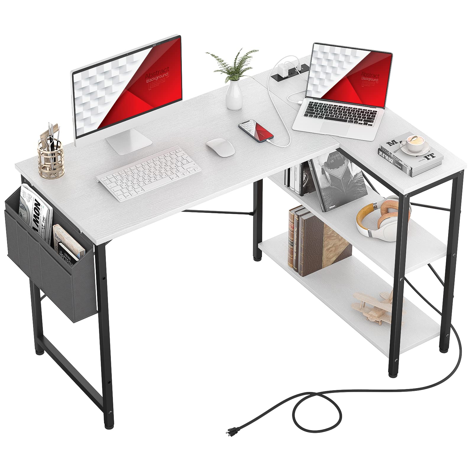Homieasy 47 Inch Small L-Shaped Computer Desk with Power Outlet & Reversible Storage Shelves - Modern Corner Desk for Home Office, Gaming, Study & Workstation - Simple White Writing Desk with Bag