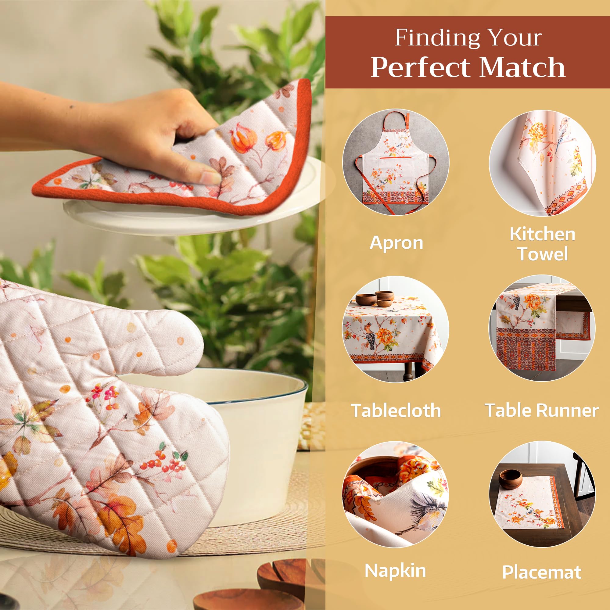Hermine 100% Cotton Heat Resistant Pot Holder Set of 2 - 8x8 Inch Kitchen Hot Pads with Loop for Microwave, BBQ & Hot Pans (Kelim Prairie Design) - Perfect for Thanksgiving & Christmas Cooking, Baking and Holiday Entertaining