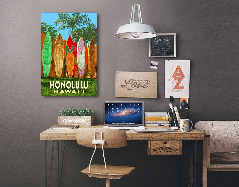 Lantern Press Honolulu Hawaii Surfboard Fence Wall Art - 16x24 Wrapped Canvas Print - Coastal Home Decor for Living Room, Bedroom & Beach House