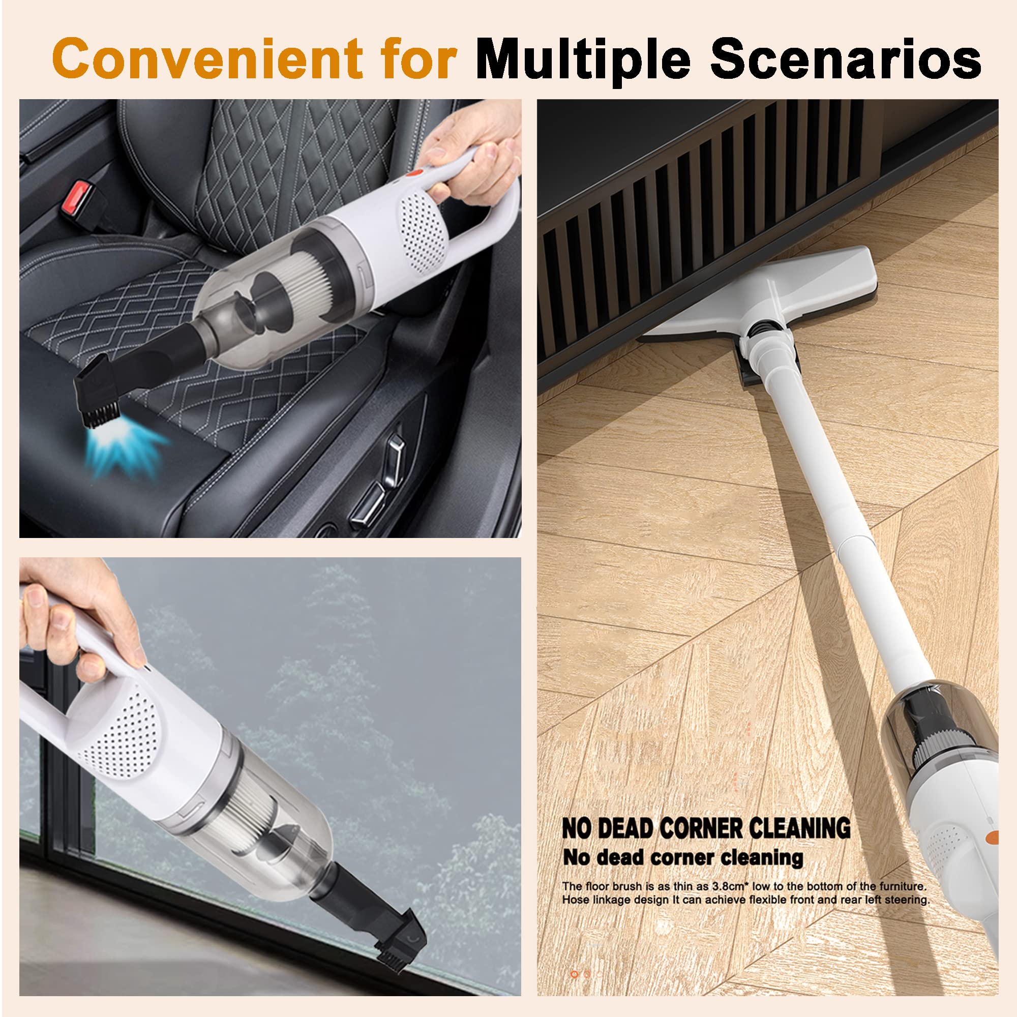 2-in-1 Cordless Handheld Vacuum Cleaner - 100W Powerful Motor, LED Display, Lightweight Stick Vacuum for Hard Floors & Carpets - Perfect for Pet Hair Removal at Home, Car & Office Cleaning (White)