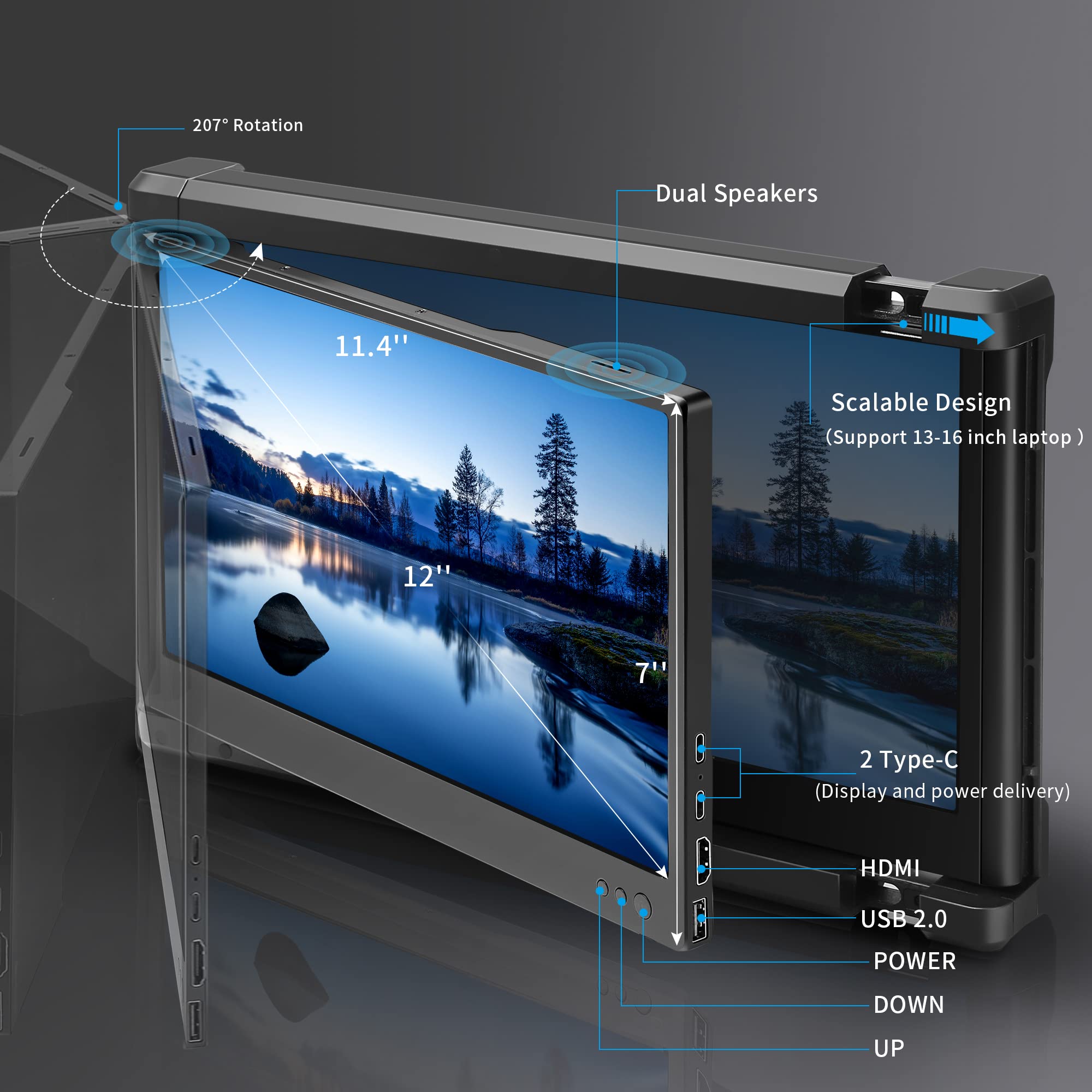 Alecewey P2 Triple Portable Monitor for Laptop - 12 Inch FHD 1080P IPS Display with USB-C/HDMI Ports, Built-in Speakers - Compatible with Mac, Windows, Phone (13-16 Inch) - Perfect for Office Work, Gaming & Multi-Tasking