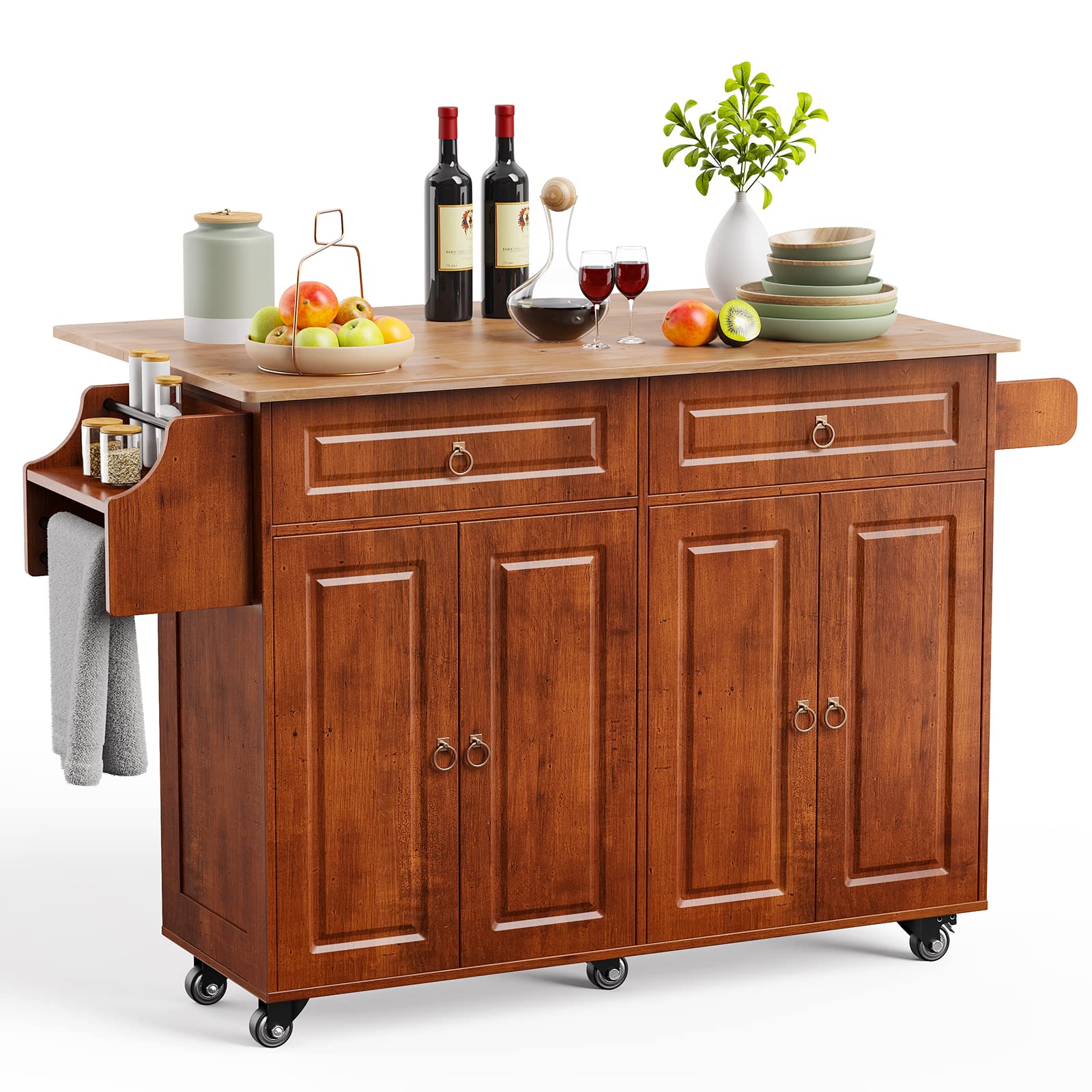 Brown Kitchen Island Cart with Drop Leaf, 2 Drawers & Spice Rack - Mobile Storage Cabinet with Towel Holder for Small Spaces - Perfect for Apartments, Dorms & Compact Kitchens