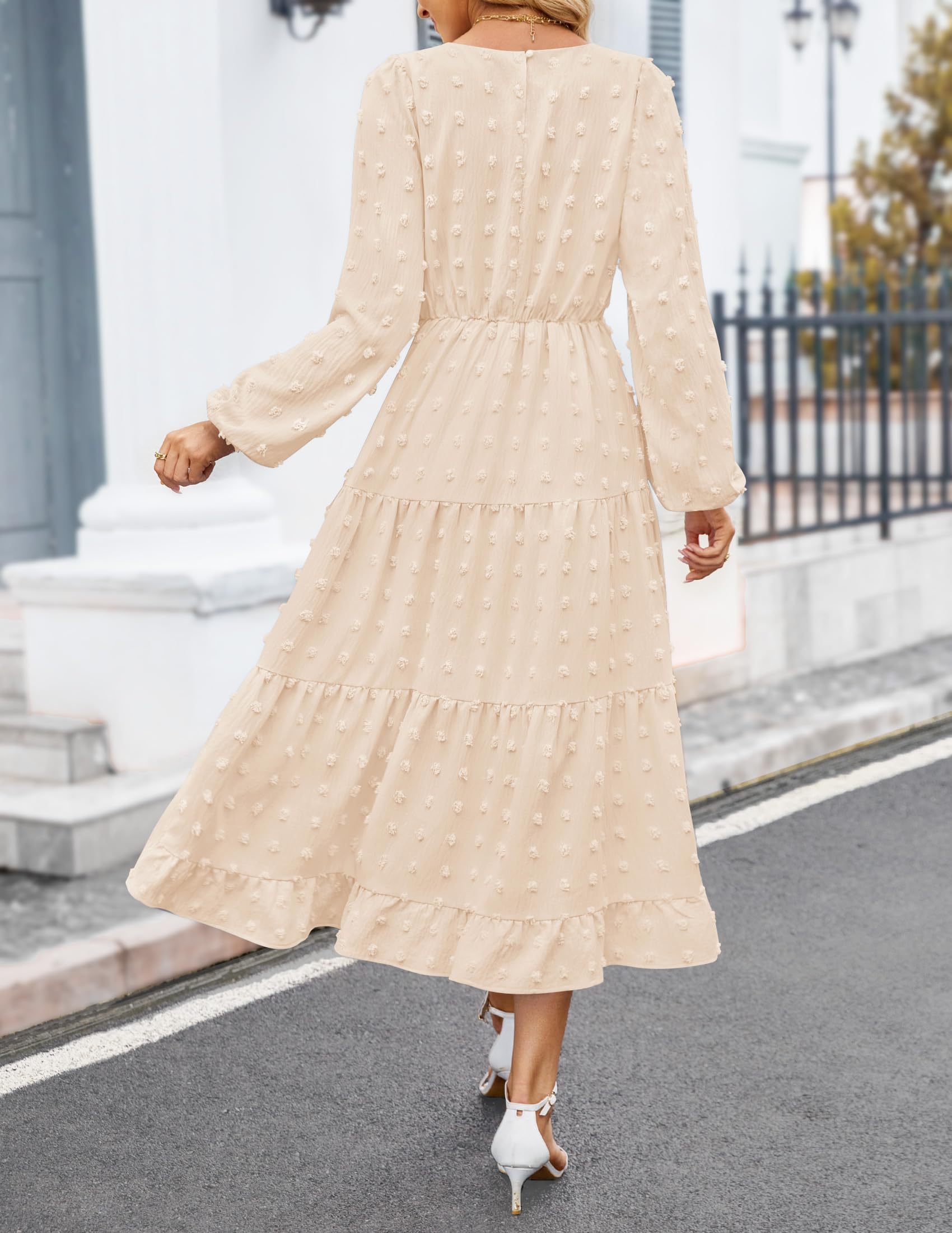 ZESICA Women's Long Sleeve Swiss Dot Maxi Dress - Casual Crew Neck Tiered A-Line Flowy Dress for Wedding Guest, Spring Party, Date Night & Special Occasions