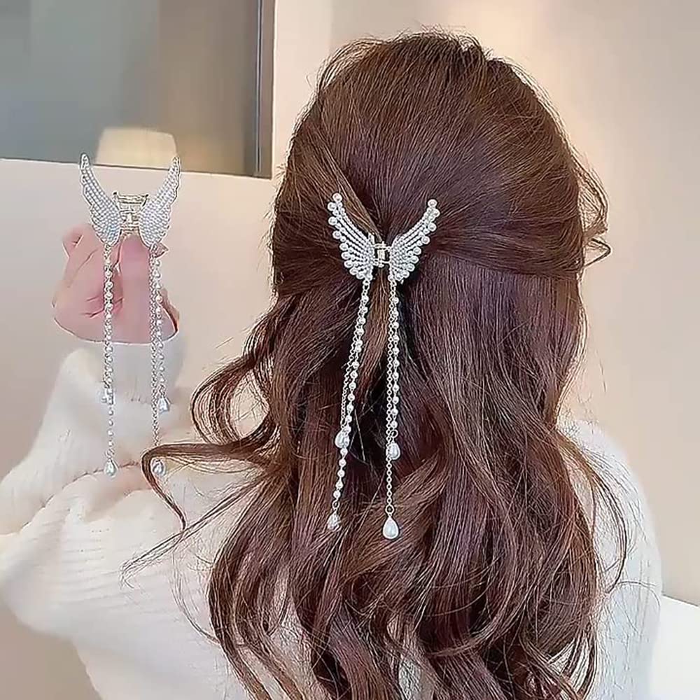 TOPPROSPER Crystal Pearl Butterfly Hair Clips for Women - Elegant Tassel Hairpins, Shiny Hair Accessories for Birthday Parties, Weddings & Special Occasions (Pearl)