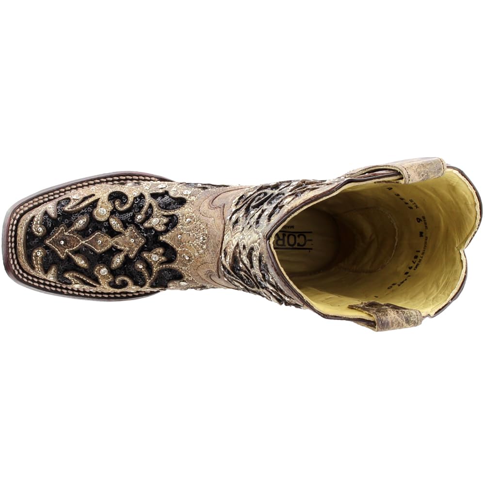 Women's Corral Boots - Sequined Tooled-Inlay Square Toe Dress Boots, Mid Calf with 1-2