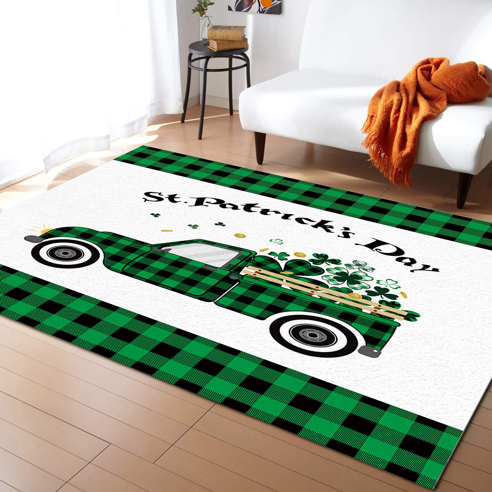 Checker Truck with Gnome Plaid Clovers 5'x8' Non-Slip Washable Area Rug - St. Patrick's Day Kitchen Mat, Absorbent Hallway Runner for Living Room, Bathroom, Bedroom & Nursery - Durable Floor Carpet for Home Decor