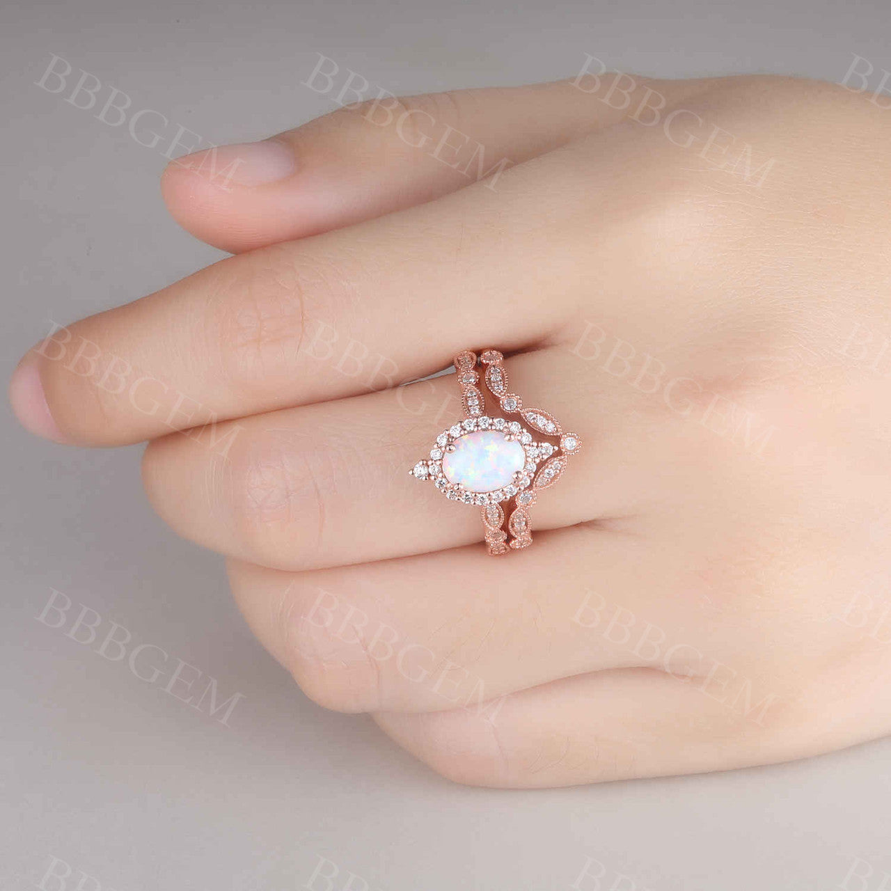 Vintage Oval White Opal Engagement Ring Set with Marquise Chevron Wedding Band & Halo Diamonds - Perfect for Proposals, Anniversaries & Bridal Jewelry Gifts