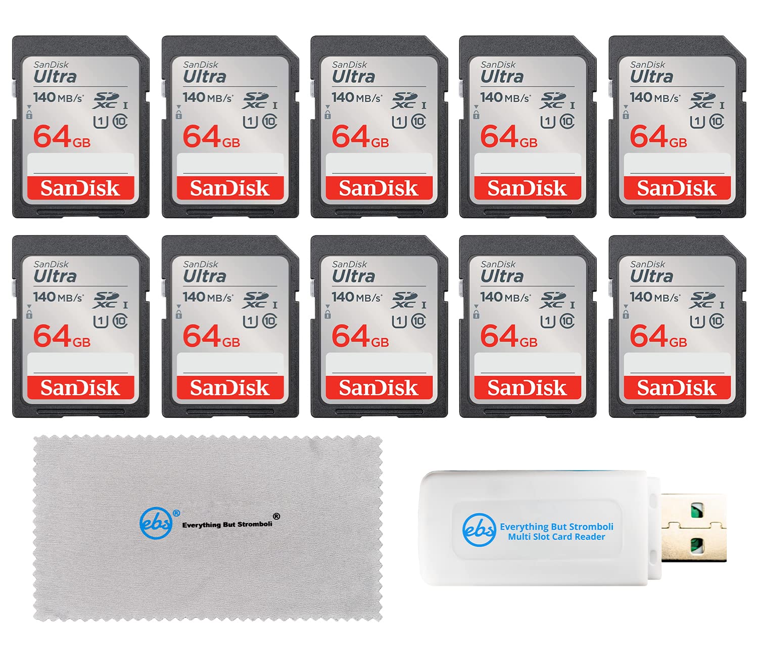 SanDisk 64GB 10 Pack SD Ultra UHS-I Class 10 Memory Cards (SDSDUNB-064G-GN6IN) Bundle with SDXC/MicroSD Card Reader & Microfiber Cloth - Perfect for Digital Cameras, Drones, and Action Cameras