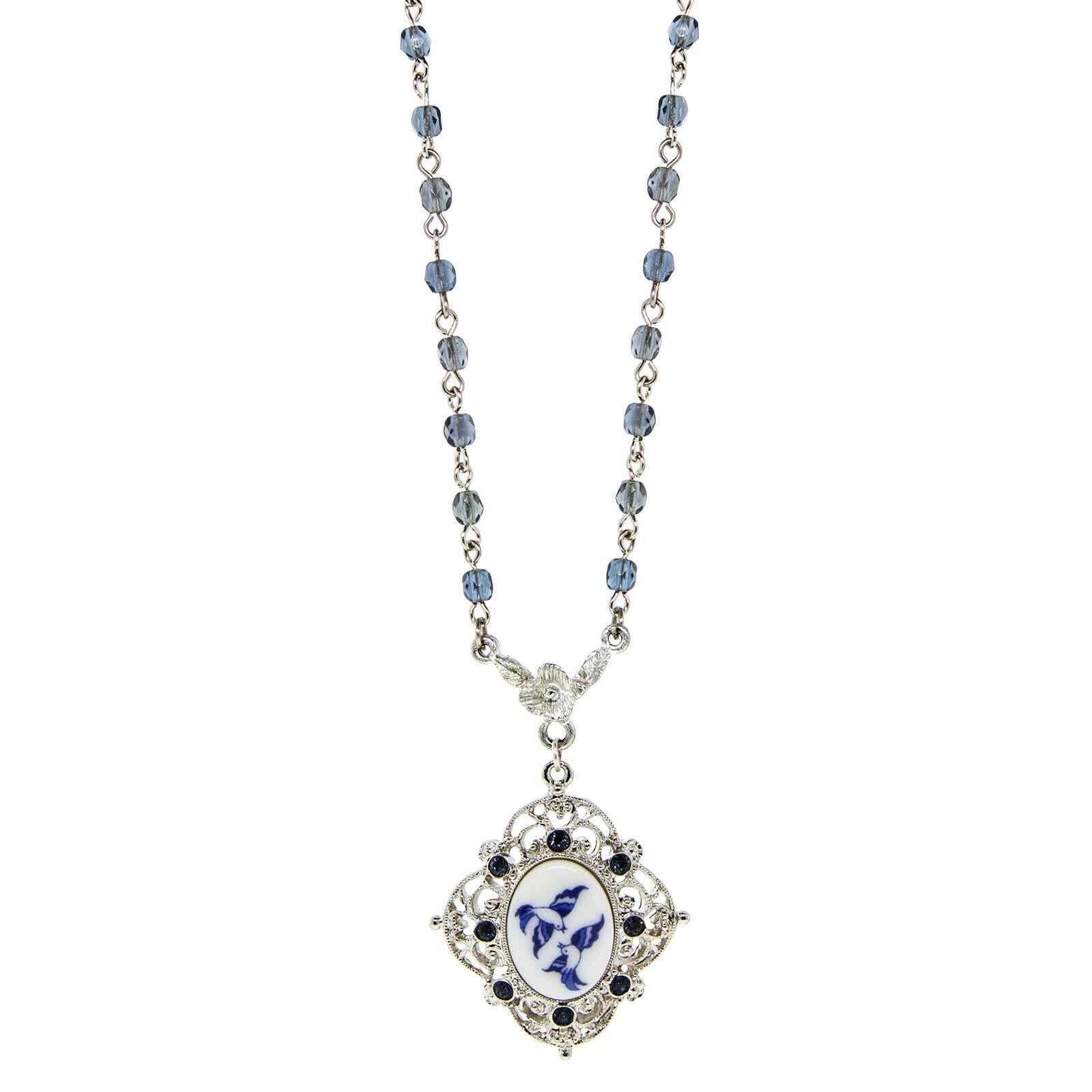 Vintage Blue Willow Beaded Chain Necklace with Oval Drop Pendant - 16