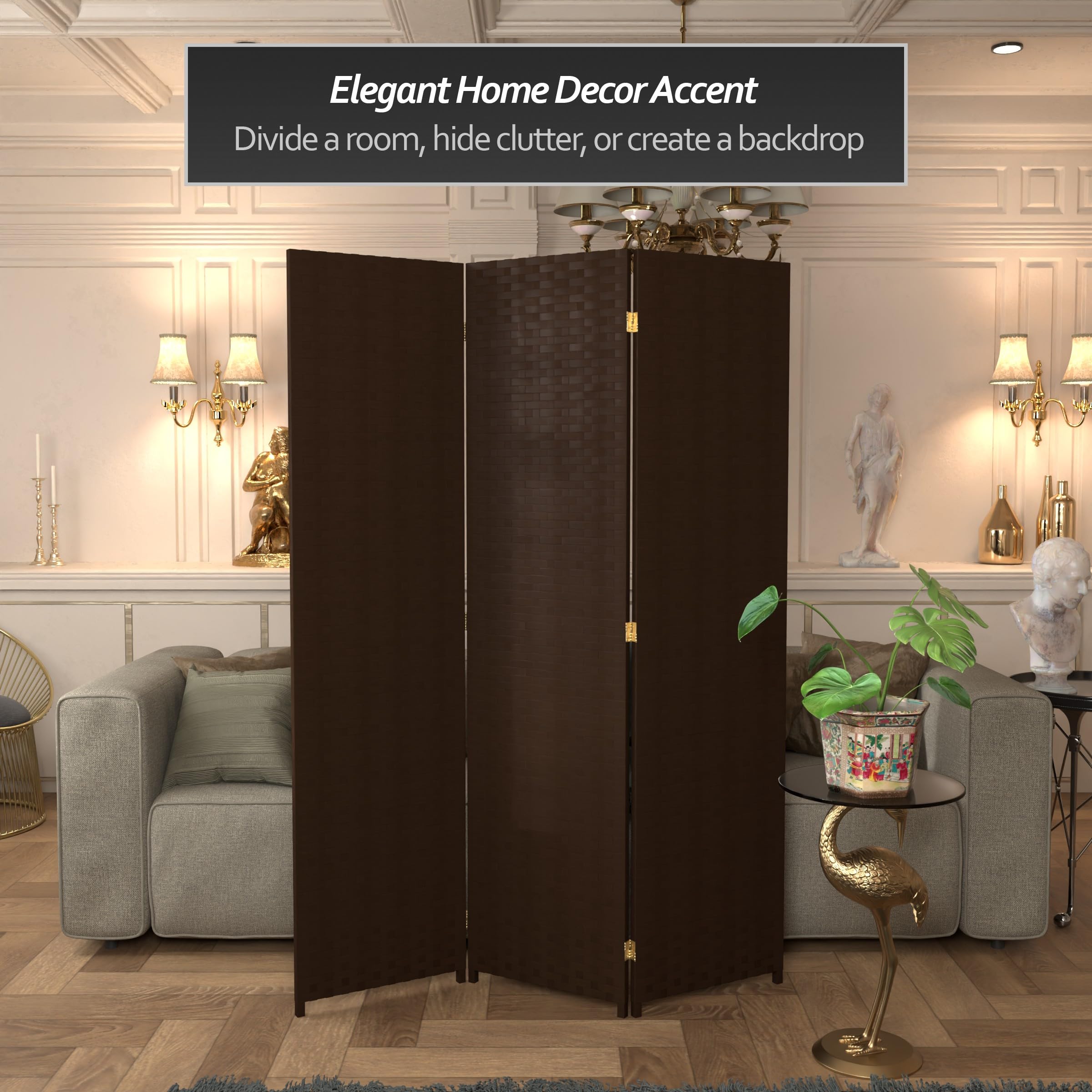 6 ft Tall Red Lantern Woven Fiber Room Divider Screen - 3 Panel Dark Mocha Partition for Living Room, Bedroom & Office Privacy