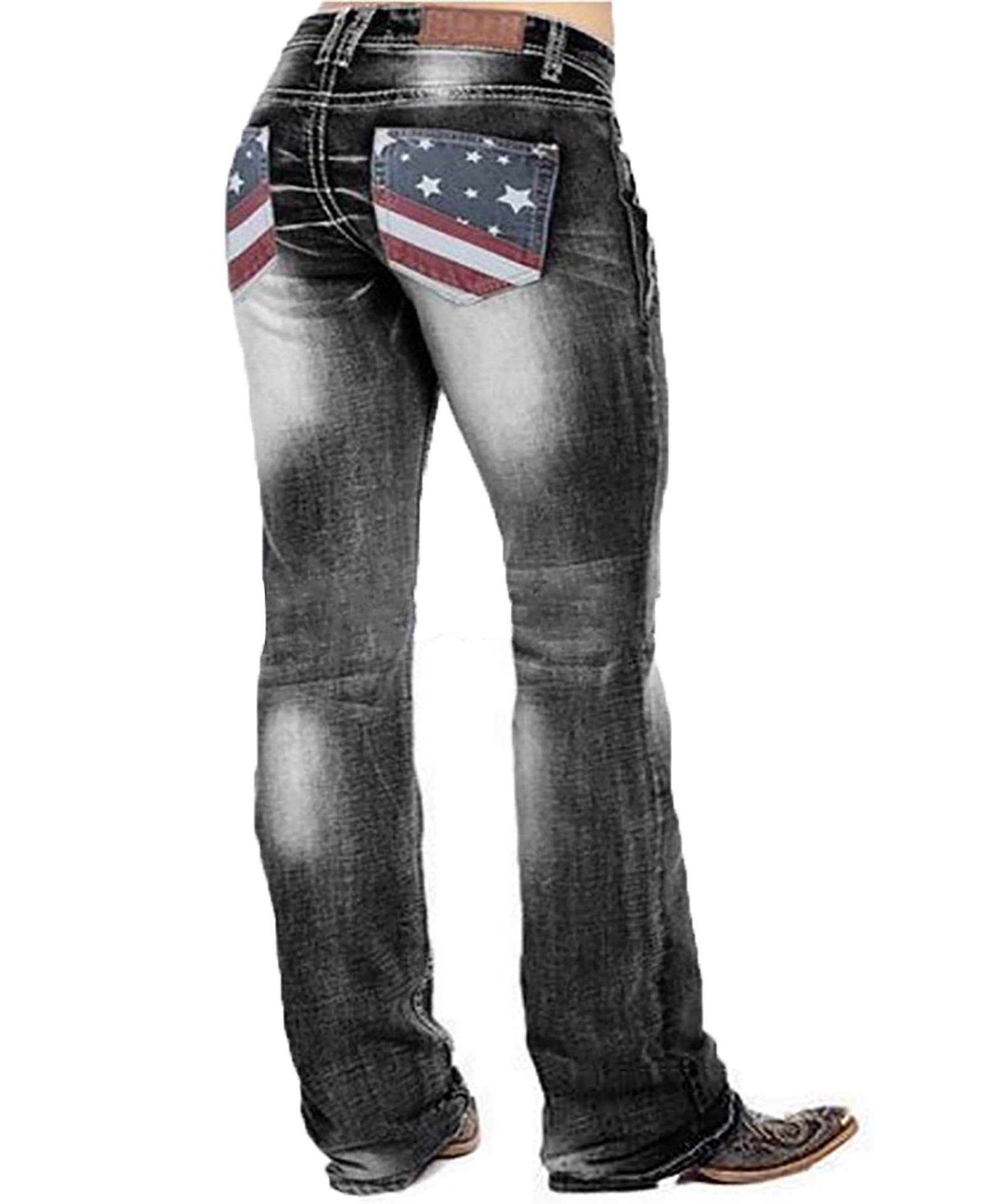 QJBMEI Women's American Flag Print Mid Rise Bootcut Jeans - Comfortable Denim Pants for Casual Wear, Patriotic Outfits & Everyday Style