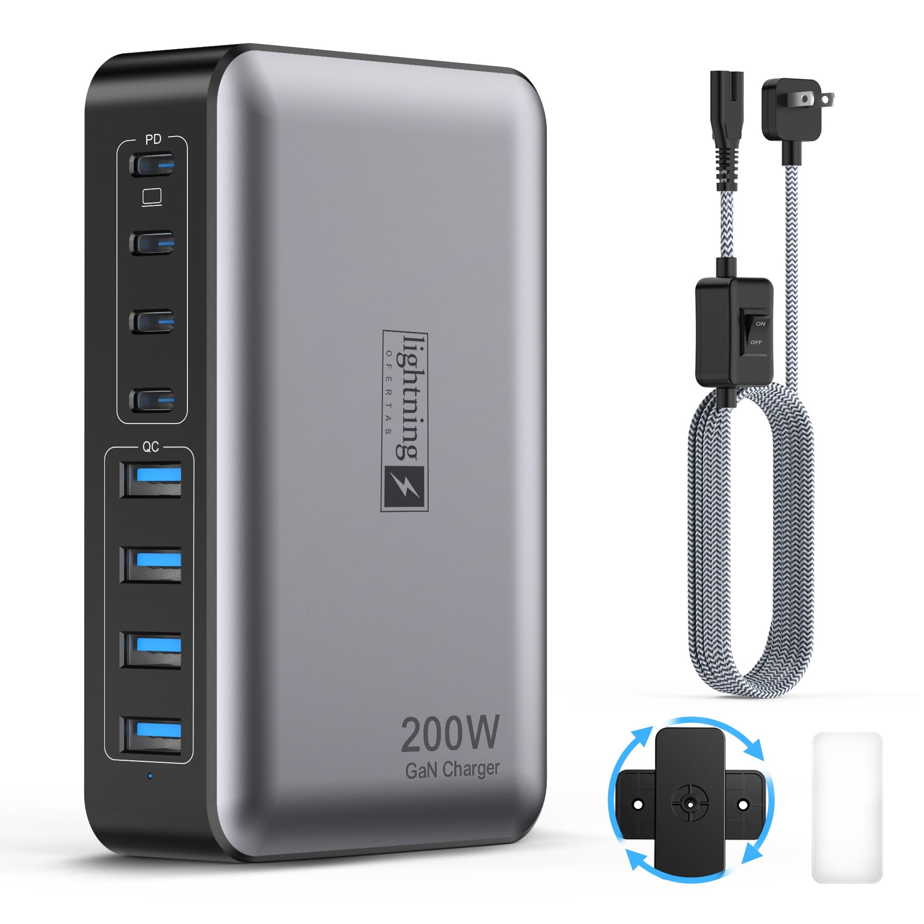 200W USB C Fast Charger Block - 8 Port GaN Charging Station for iPhone, iPad, MacBook (4 USB-C + 4 USB-A) | Flat Plug Multi Device Charger with 5ft Braided Power Cord & On/Off Switch | Perfect for Home, Office, Travel & Multiple Device Charging