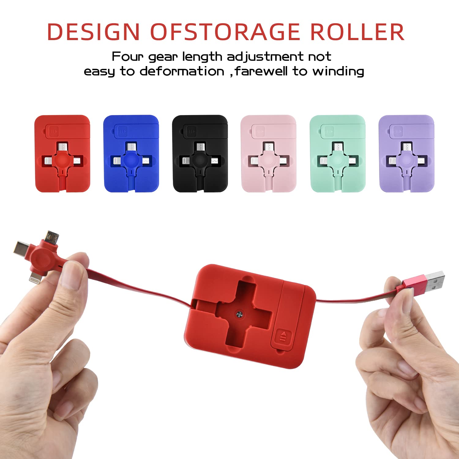TEXXY 3-in-1 Retractable Charging Cable - Multi Charger for iPhone, Android, Laptop & Tablet - Portable Phone Holder & USB-C/Micro-USB/Lightning Cable - Perfect for Travel, Office & Home Use (Red)