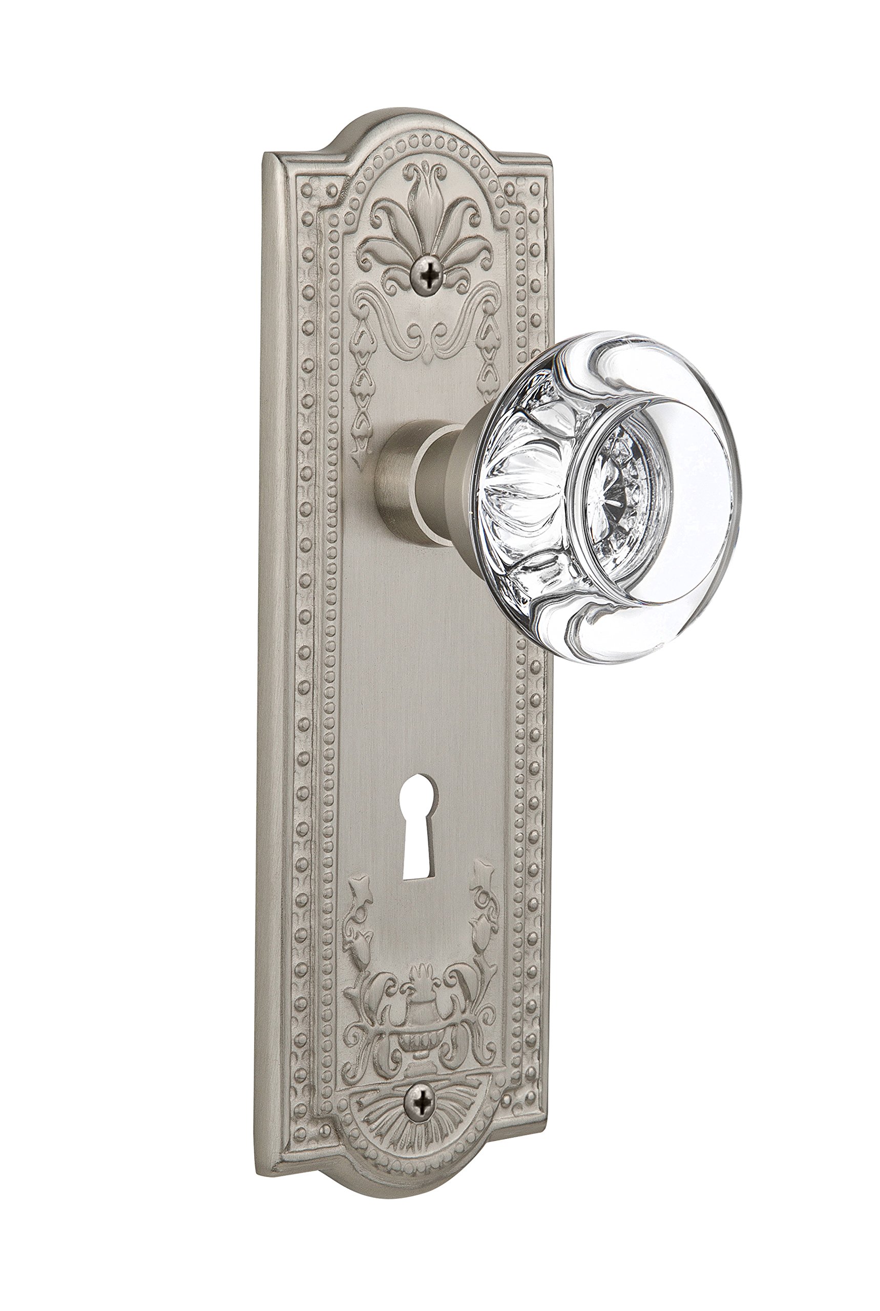 Vintage Double Dummy Satin Nickel Door Knob with Keyhole & Clear Crystal Glass - Nostalgic Warehouse 712465 Meadows Plate - Perfect for Victorian, Cottage & Farmhouse Style Home Decor