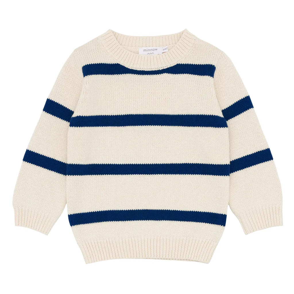 Unisex Cream and Navy Wide Stripe Knit Sweater - Cozy Casual Pullover for Men & Women - Perfect for Fall, Winter & Layering Outfits