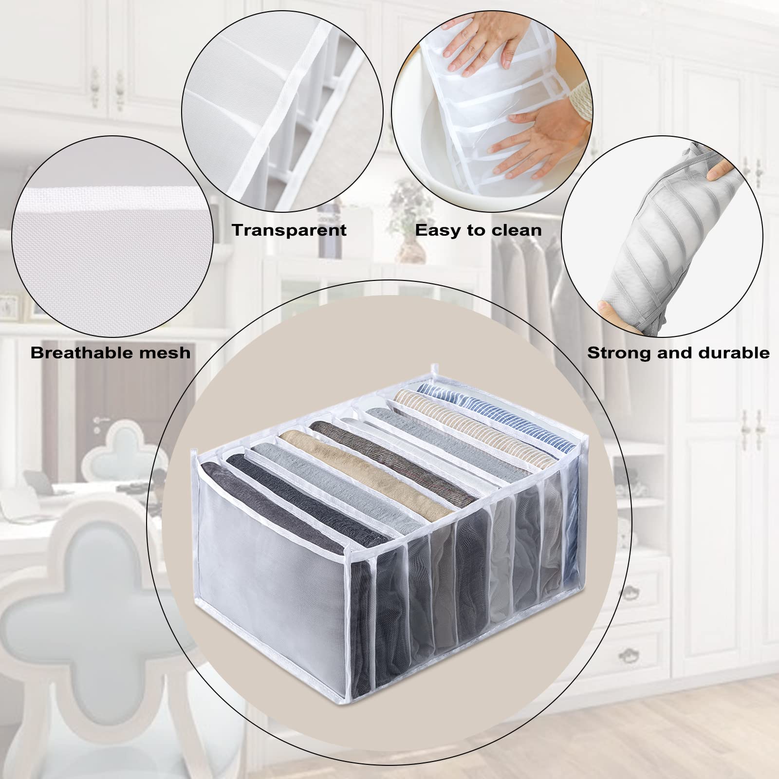 Evankin 2-Pack Large Wardrobe Organizers - 7-Grid Drawer & Closet Storage Bins for Jeans, Pants, Skirts - Breathable Nylon Mesh Fabric (Grey) | Space-Saving Solution for Bedroom, Closet & Dorm Organization
