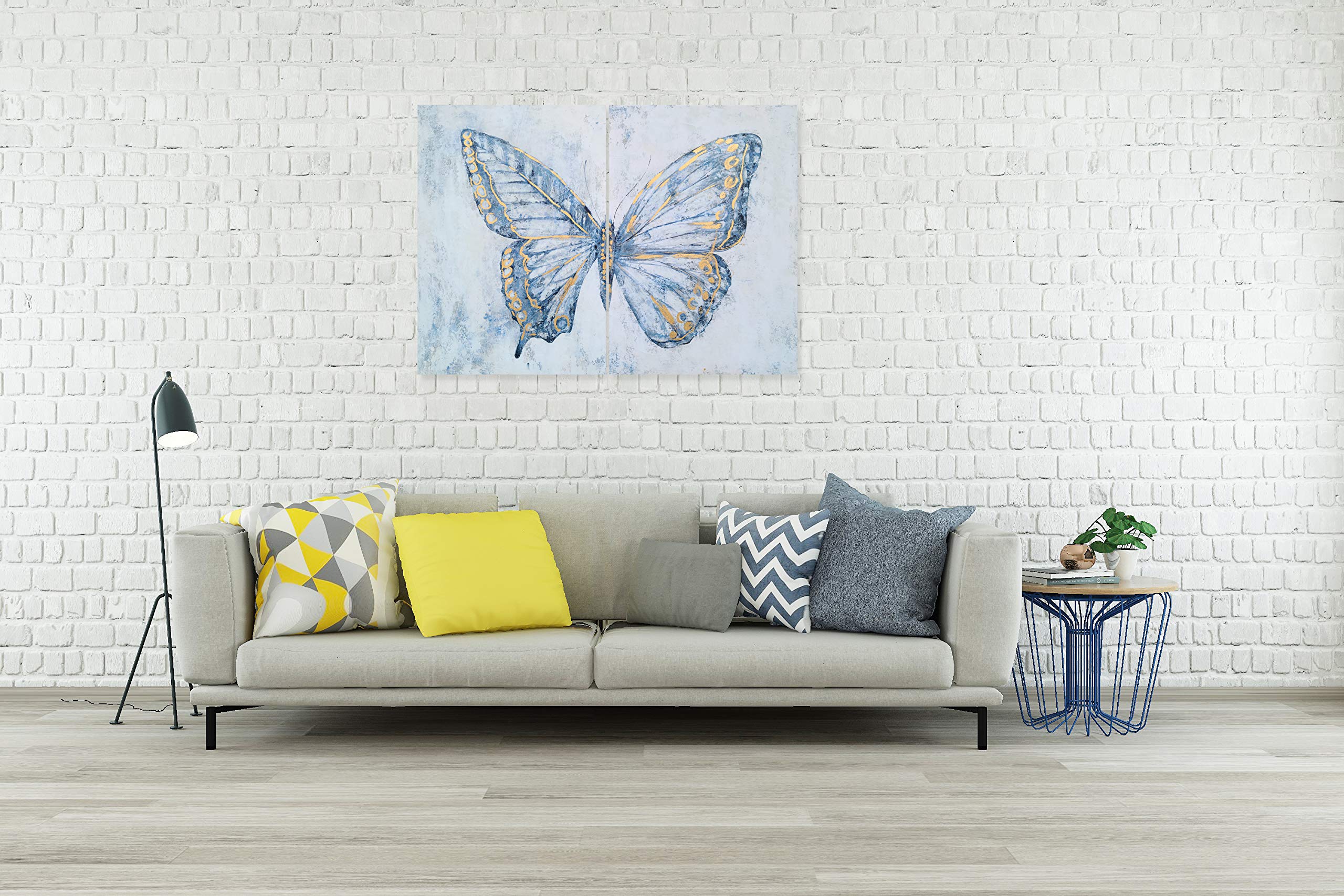 Hand Painted Blue & White Butterfly Canvas Wall Art Set of 2 - Modern Abstract Animal Paintings with Gold Foil Accents | Perfect for Living Room, Bedroom, Bathroom & Nursery Decor | Home & Office Wall Decorations