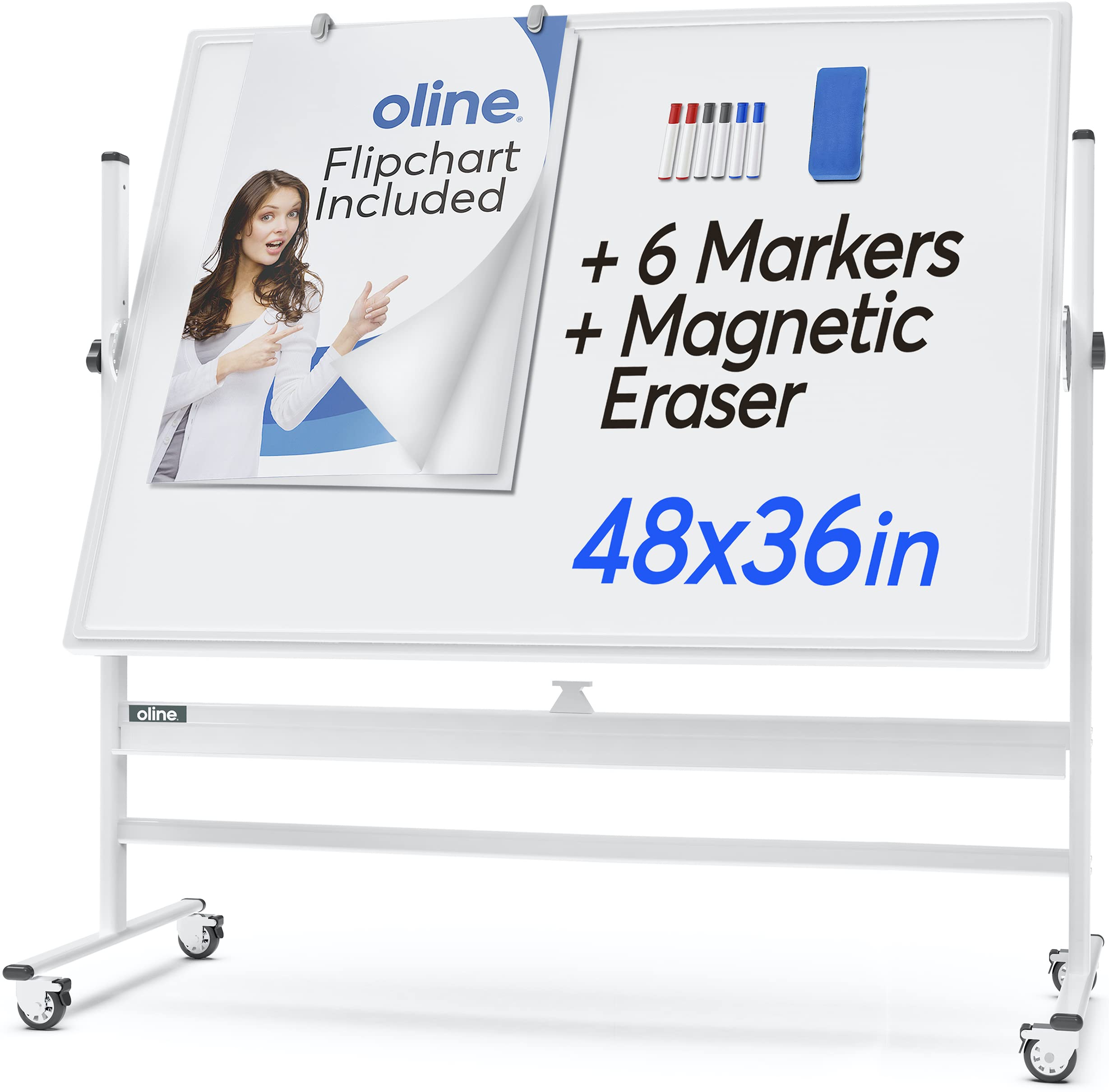 48x36 Inch Large Mobile Whiteboard - Adjustable Height 360° Rolling Double Sided Dry Erase Board for Office, Classroom & Home (White & Silver) | Ideal for Presentations, Brainstorming & Teaching