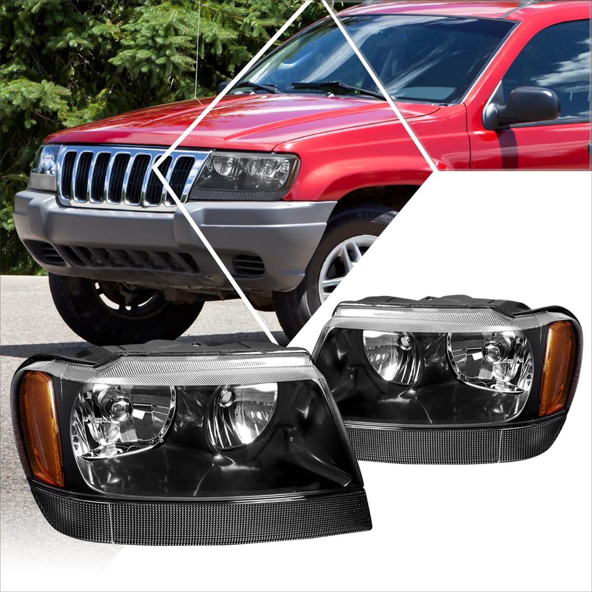 PM PERFORMOTOR Pair of Black Housing/Amber Corner Headlights Assembly Set - Compatible with 1999-2004 Jeep Grand Cherokee WJ - Durable Replacement for Off-Road & Night Driving