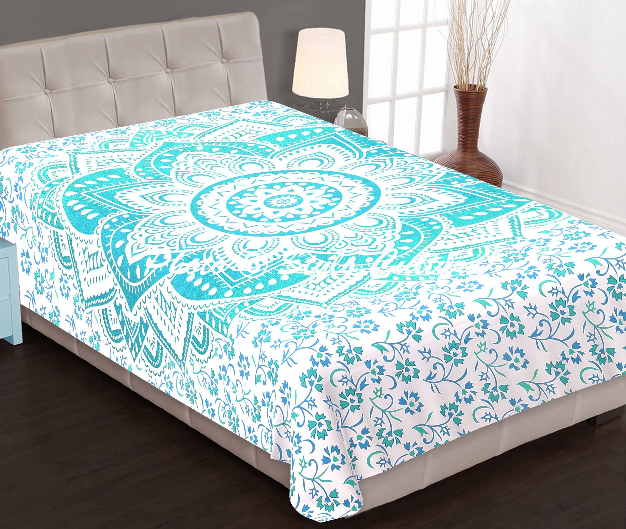 Bohemian Mandala Green Floral Wall Tapestry - Indian Yoga Meditation Decor for Bedroom, Living Room & Studio - Twin Size Printed Fabric Wall Art for Spiritual Spaces