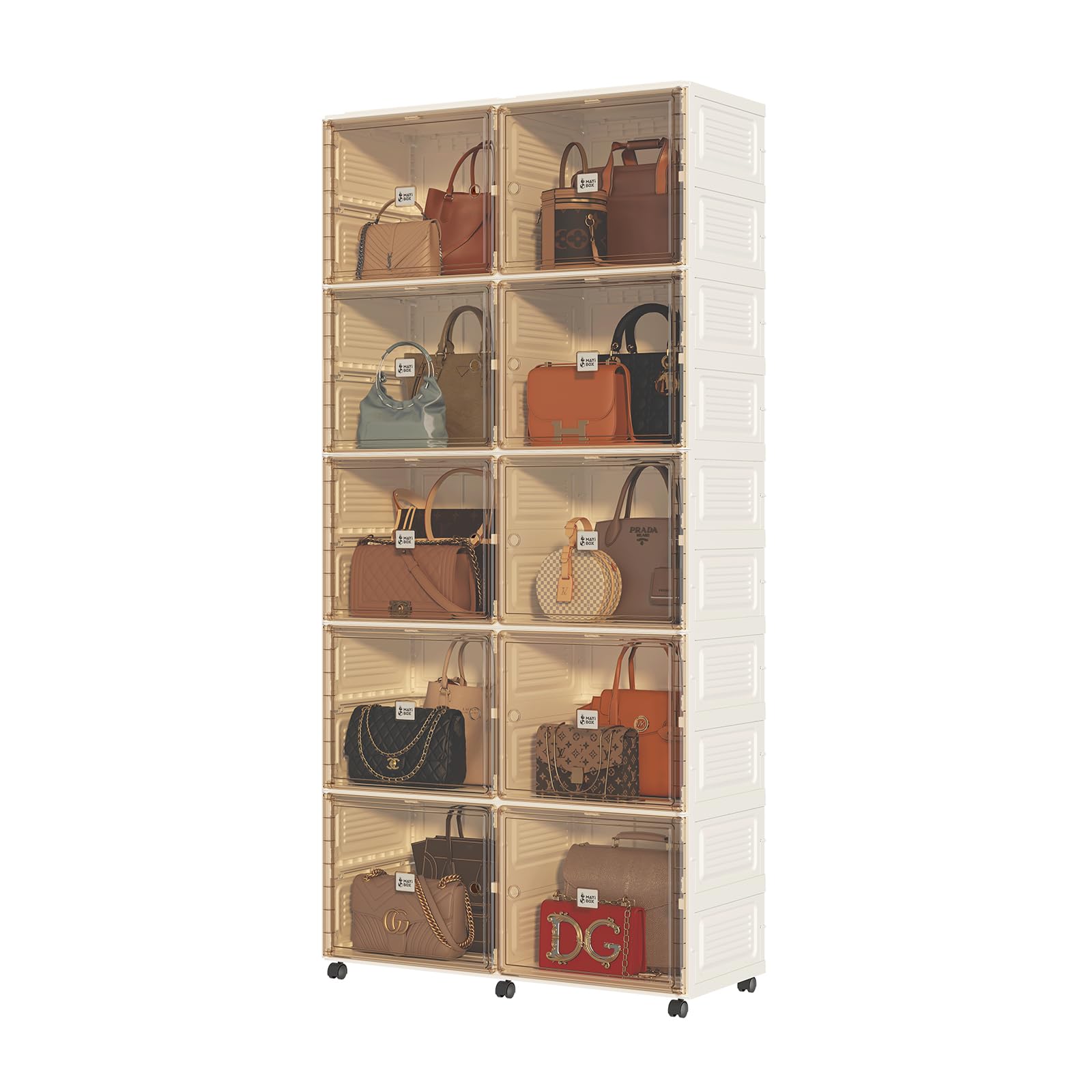 Mayi Box 10-Cubby Handbag & Purse Storage Organizer with Magnetic Doors & Wheels - Shoe Cabinet, Boot Rack, Closet Organizer for Antiques, Books, Toys - Perfect for Bedroom, Entryway & Walk-in Closet Organization