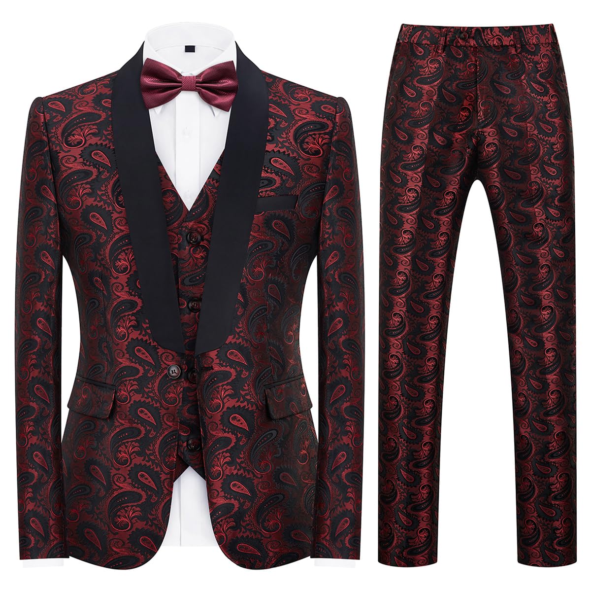 Men's 3-Piece Slim Fit Tuxedo Suit Set with Paisley Pattern - Shawl Lapel One Button Blazer, Vest & Pants for Prom, Weddings & Formal Events | Perfect for Grooms, Business Meetings & Special Occasions