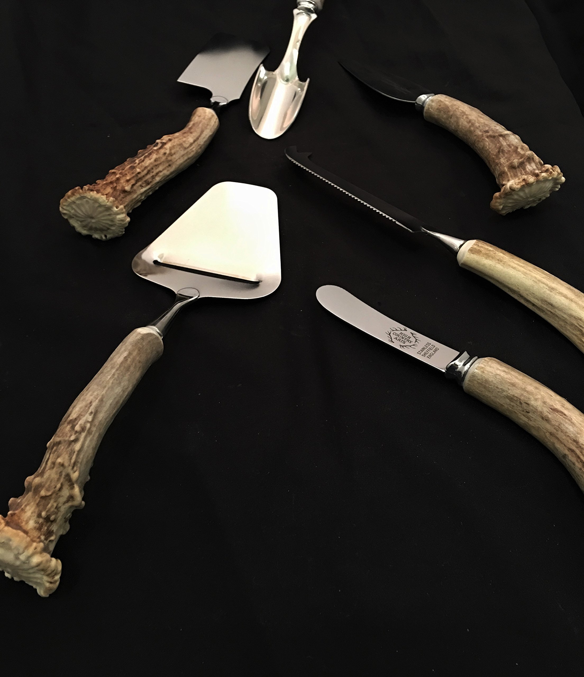 6-Piece Antler Handle Cheese Knife Set - Stainless Steel Blades with Wooden Stand - Perfect for Charcuterie Boards, Wine Parties & Gourmet Cheese Platters