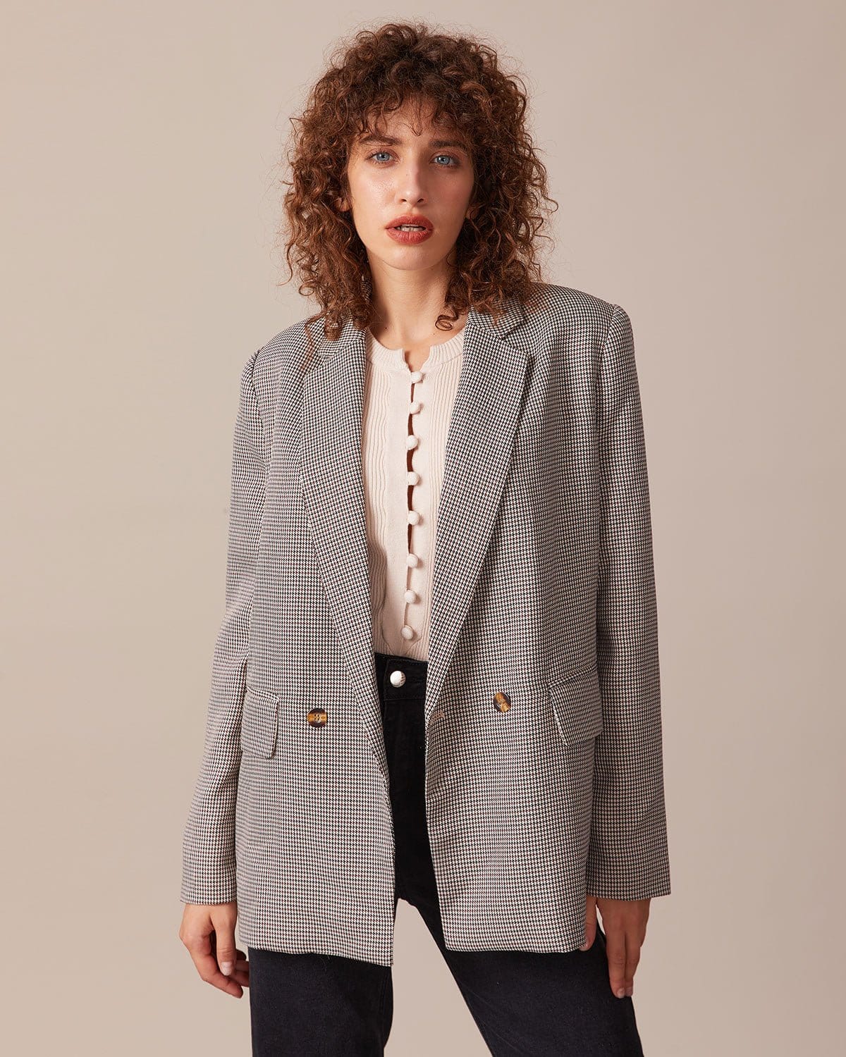 Stylish Houndstooth Button Blazer for Women - Coffee Brown Lapel Jacket - Perfect for Office, Business Meetings & Formal Events